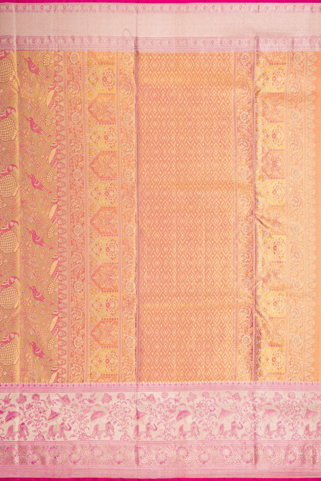 Close up image of the pallu of Pink Dual Tone Kanjivaram Tissue Silk Saree with Zari Brocade on the body and Zari Border. 