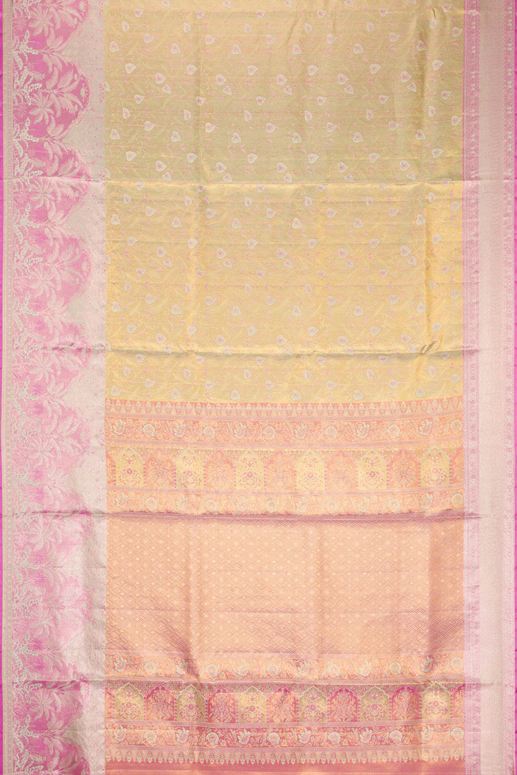 Flat view of Gold Dual Tone Kanjivaram Tissue Silk Saree with Zari Brocade on the body and Fancy Border. 