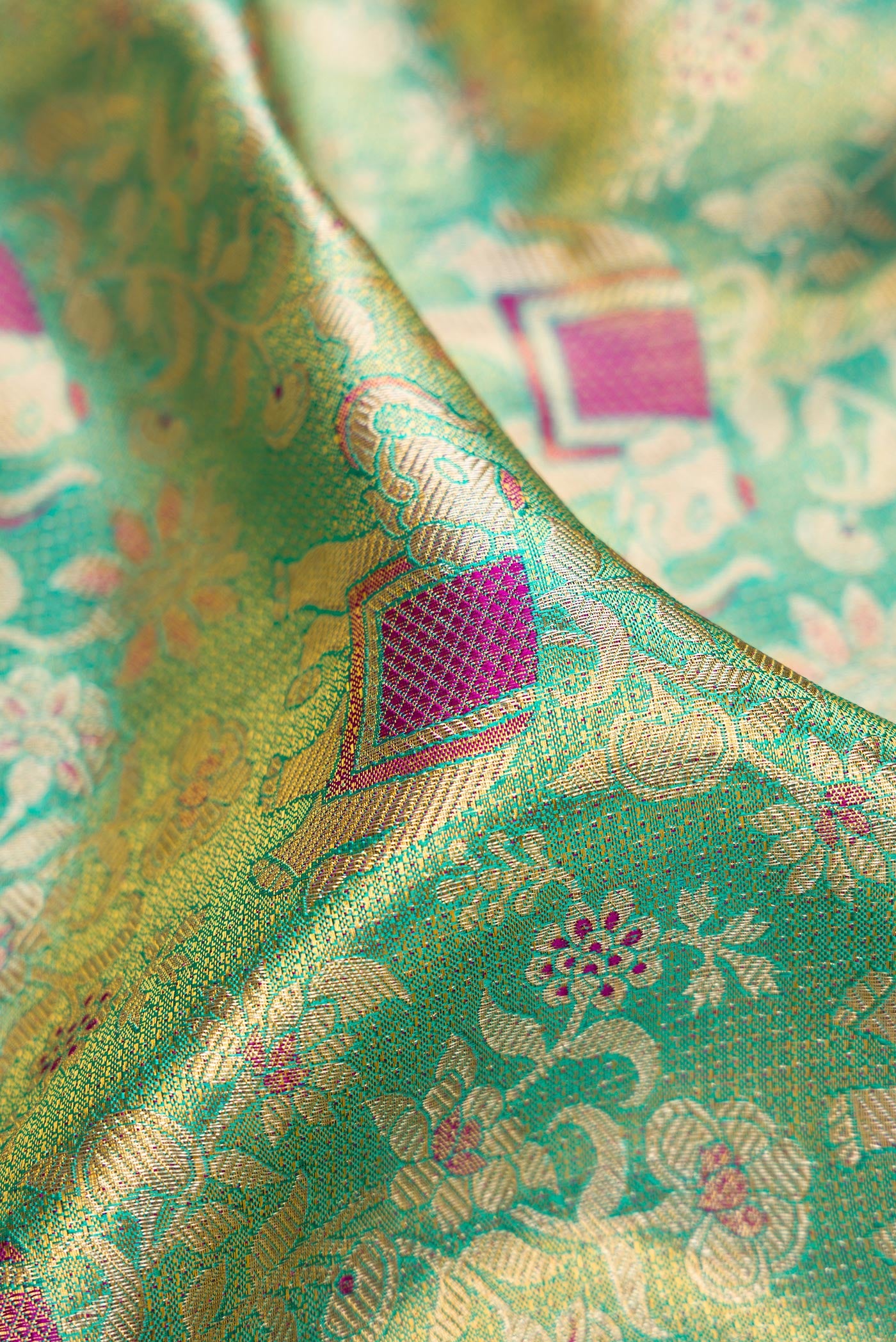 Close up of Sea Green Dual Tone Kanjivaram Tissue Silk Saree with Zari Brocade on the body and Zari Border.  displaying folds