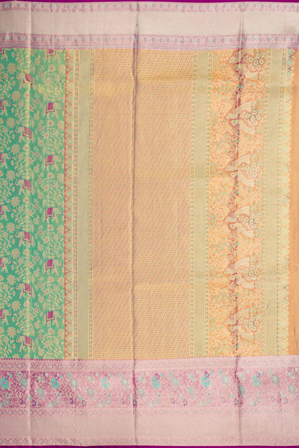Close up image of the pallu of Sea Green Dual Tone Kanjivaram Tissue Silk Saree with Zari Brocade on the body and Zari Border. 