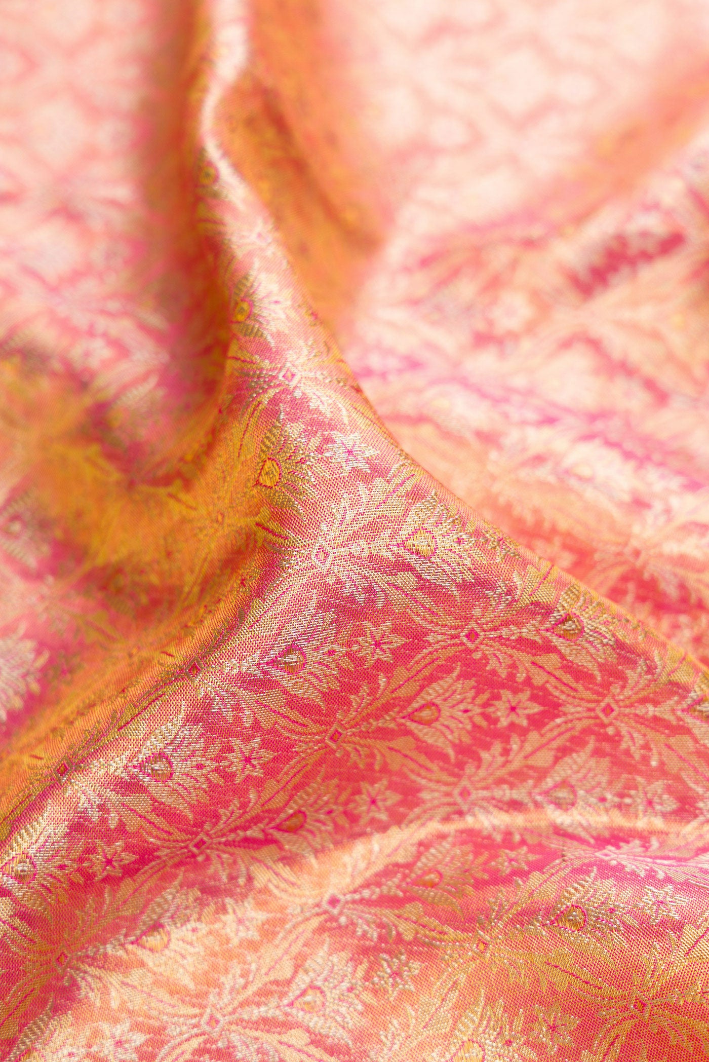Close up of Pink Dual Tone Kanjivaram Tissue Silk Saree with Zari Brocade on the body and Zari Border.  displaying folds
