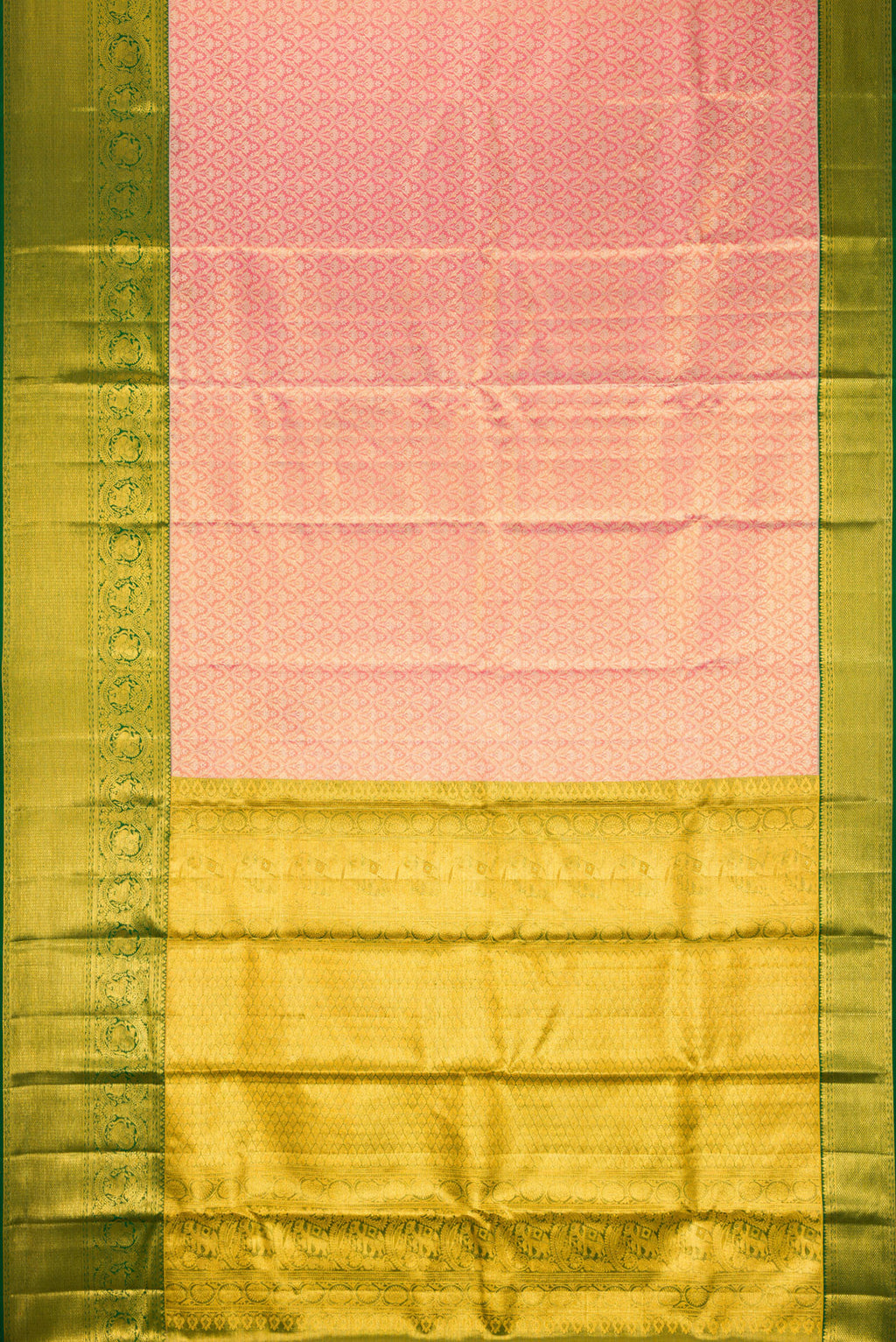 Flat view of Pink Dual Tone Kanjivaram Tissue Silk Saree with Zari Brocade on the body and Zari Border. 