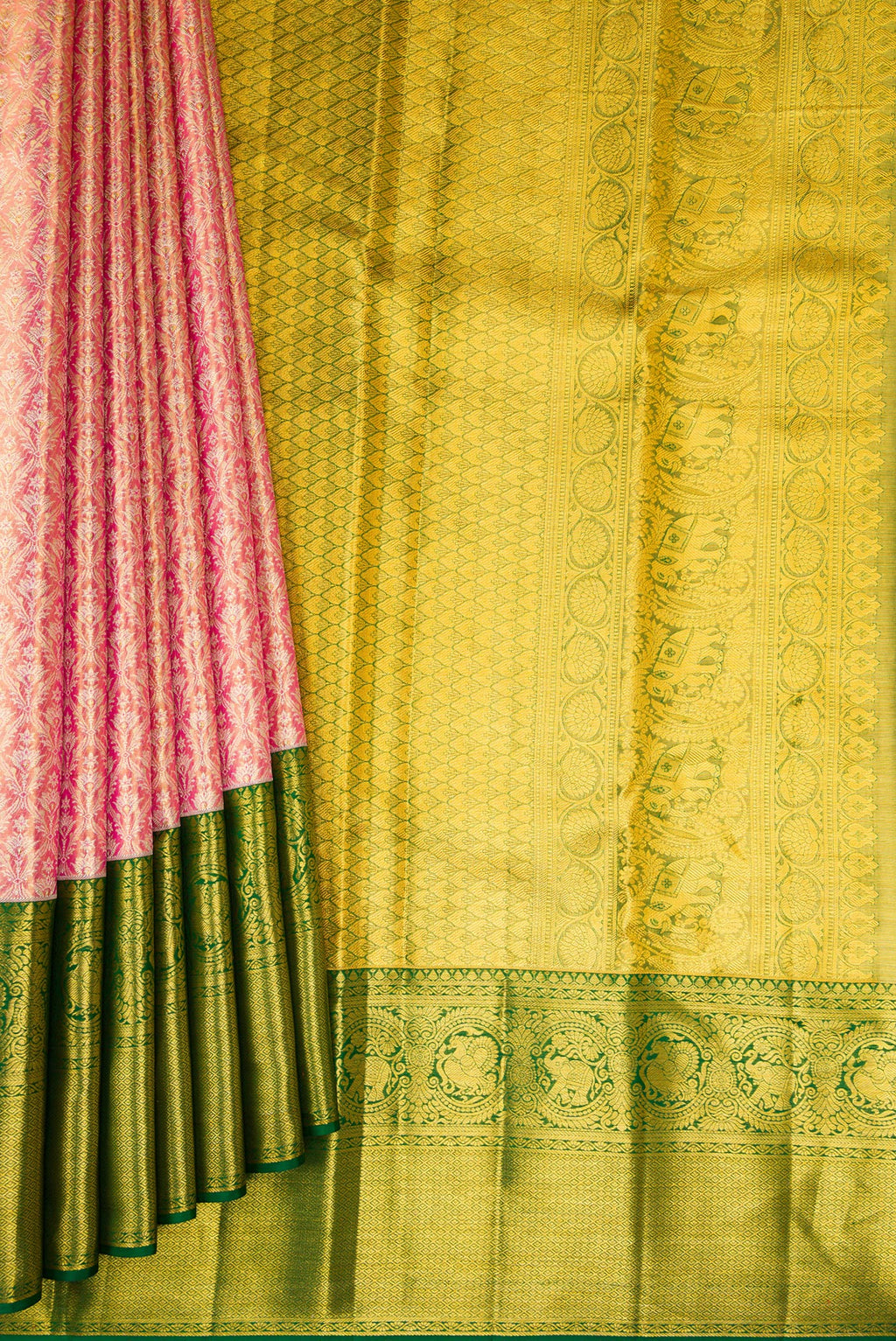 Pleats and pallu of Pink Dual Tone Kanjivaram Tissue Silk Saree with Zari Brocade on the body and Zari Border. 