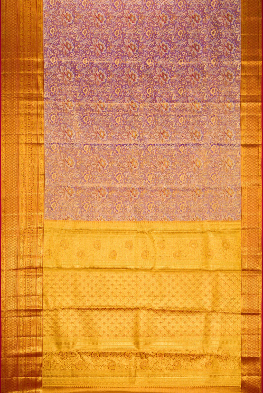 Flat view of Purple Dual Tone Kanjivaram Tissue Silk Saree with Zari Brocade on the body and Zari Border. 