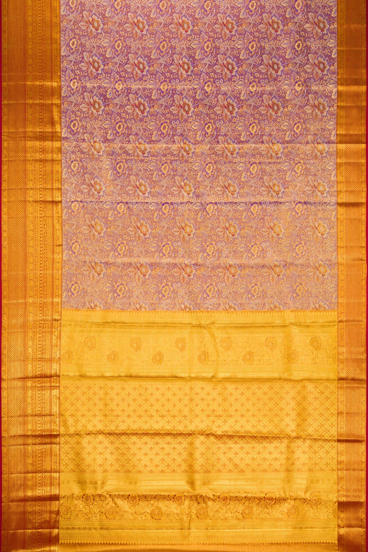 Flat view of Purple Dual Tone Kanjivaram Tissue Silk Saree with Zari Brocade on the body and Zari Border. 
