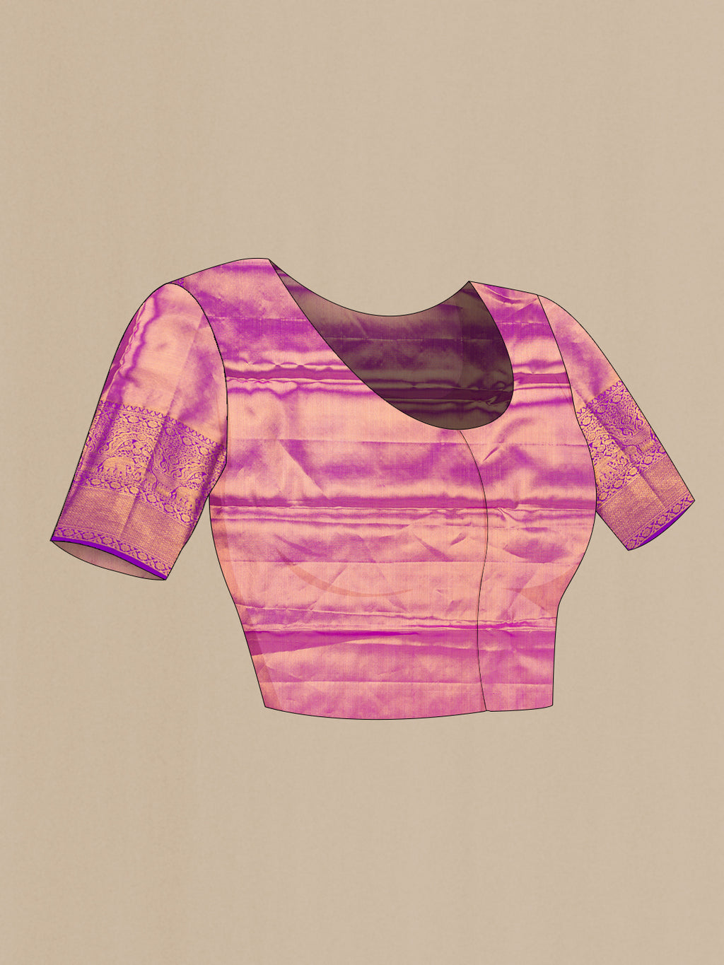 Close up image of the blouse of Pink Dual Tone Kanjivaram Tissue Silk Saree with Zari Brocade on the body and Zari Border. 