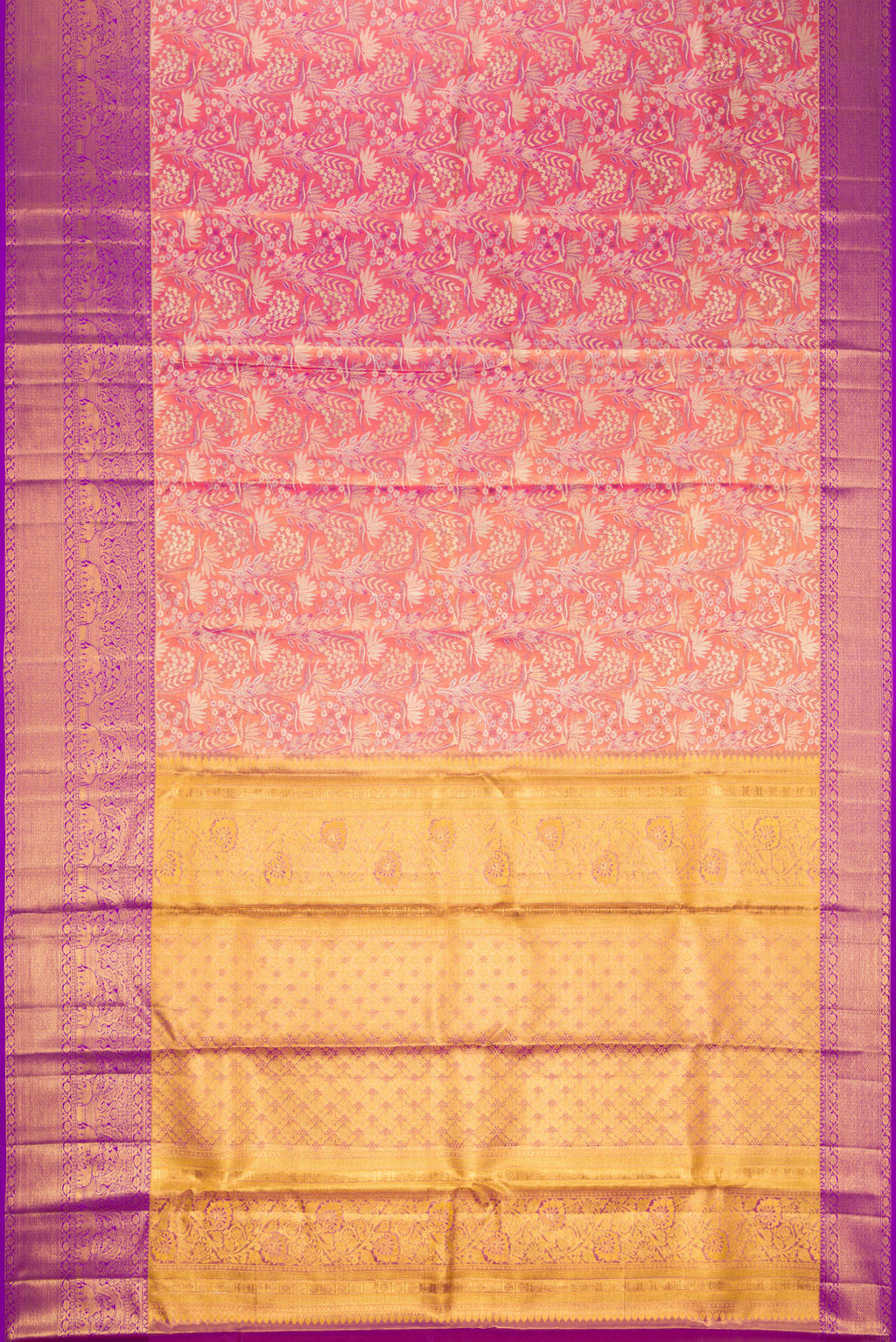 Flat view of Pink Dual Tone Kanjivaram Tissue Silk Saree with Zari Brocade on the body and Zari Border. 