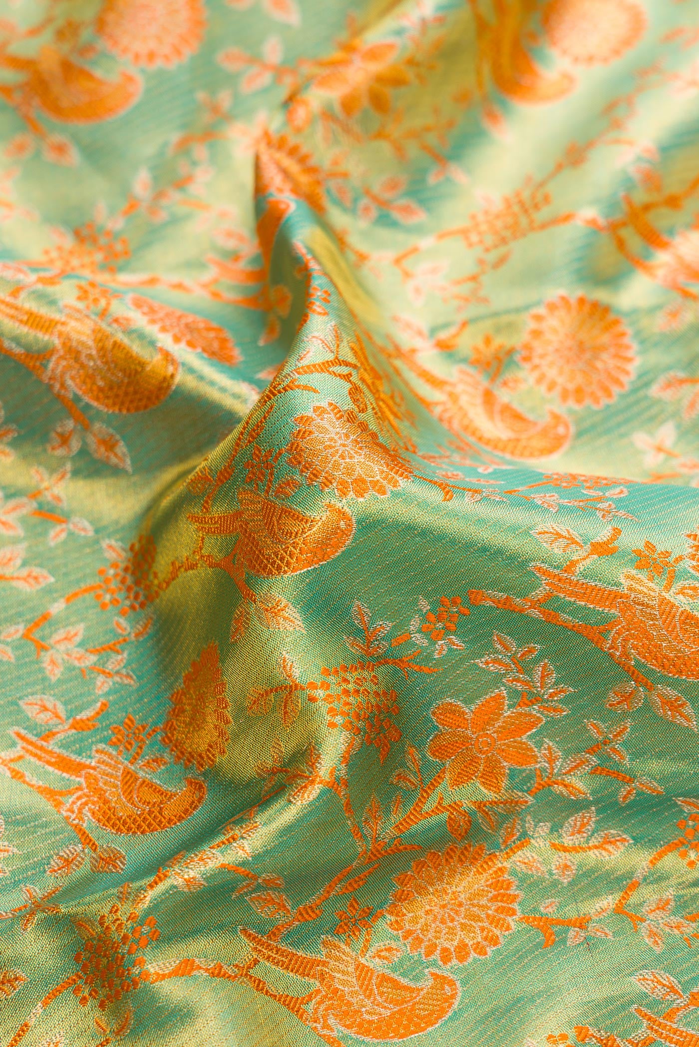 Close up of Sea Green Dual Tone Kanjivaram Tissue Silk Saree with Zari Brocade on the body and Zari Border.  displaying folds