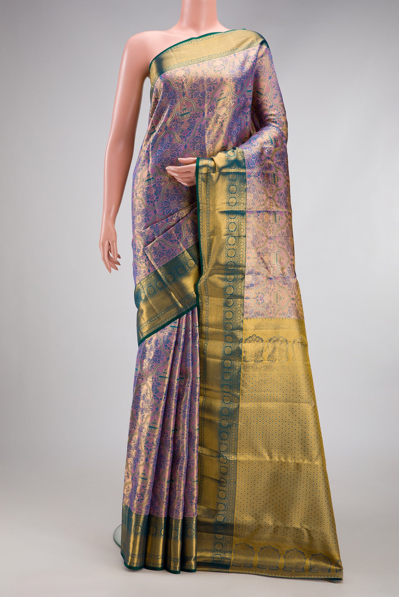 Lavender Dual Tone Kanjivaram Tissue Silk Saree with Zari Brocade on the body and Zari Border.  displayed on a mannequin