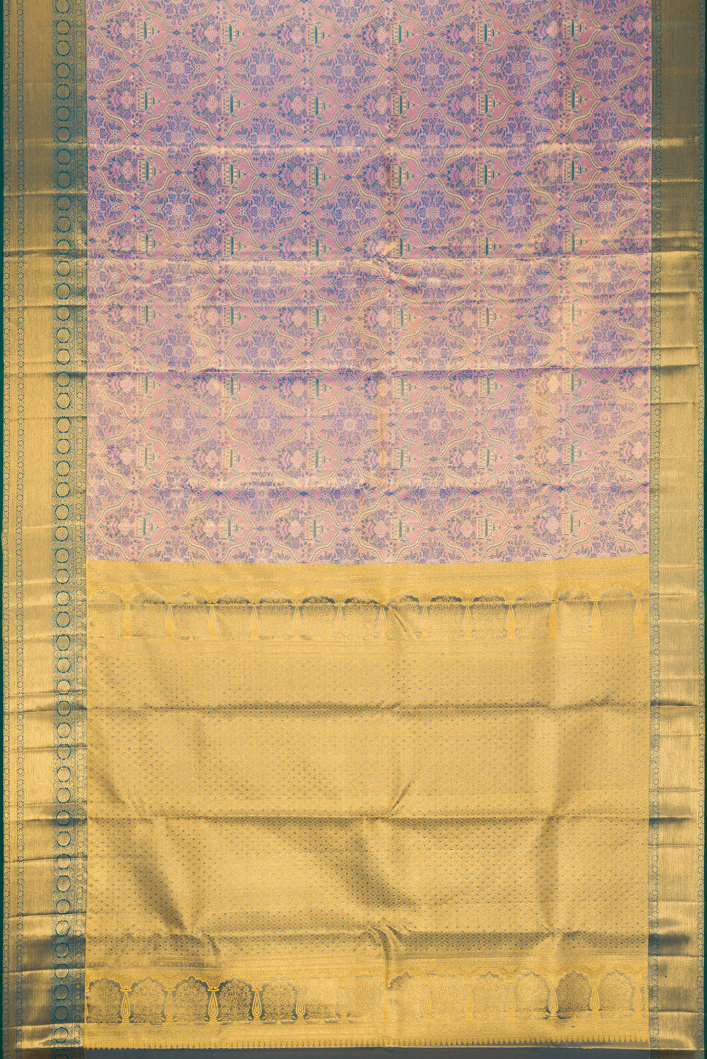 Flat view of Lavender Dual Tone Kanjivaram Tissue Silk Saree with Zari Brocade on the body and Zari Border. 