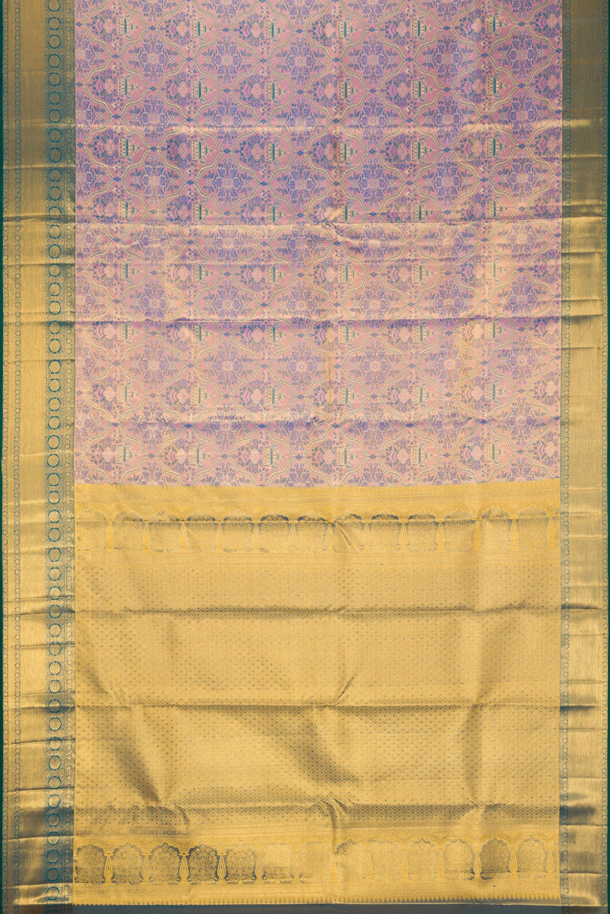 Flat view of Lavender Dual Tone Kanjivaram Tissue Silk Saree with Zari Brocade on the body and Zari Border. 