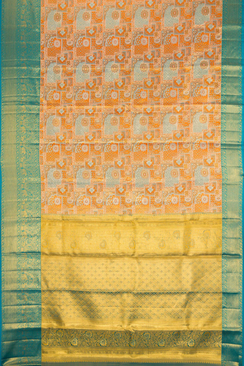 Flat view of Orange Dual Tone Kanjivaram Tissue Silk Saree with Zari Brocade on the body and Zari Border. 