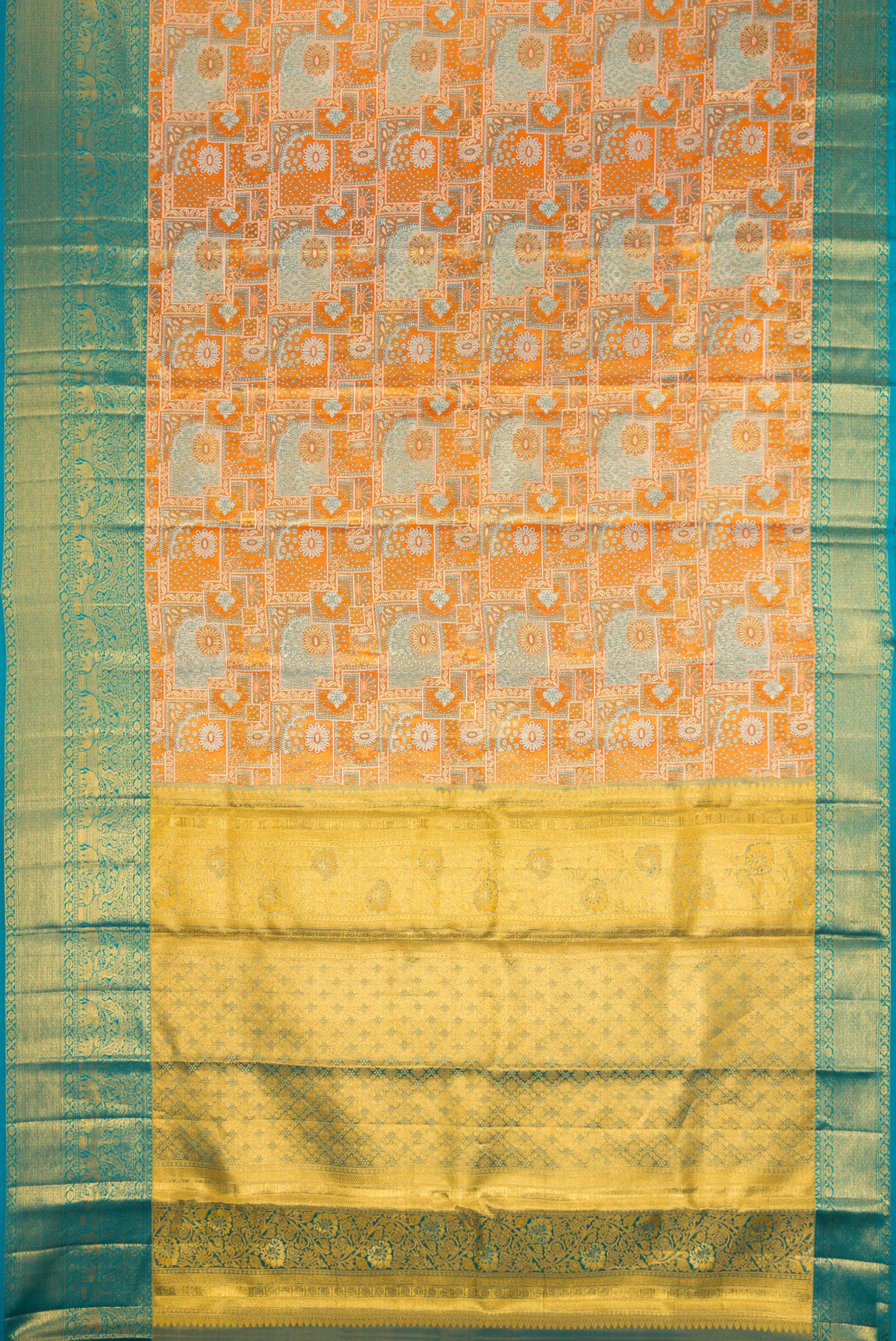 Flat view of Orange Dual Tone Kanjivaram Tissue Silk Saree with Zari Brocade on the body and Zari Border. 