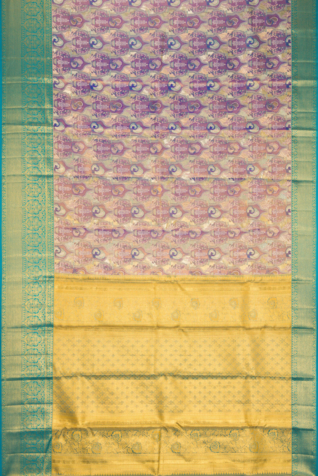 Flat view of Purple Dual Tone Kanjivaram Tissue Silk Saree with Zari Brocade on the body and Zari Border. 