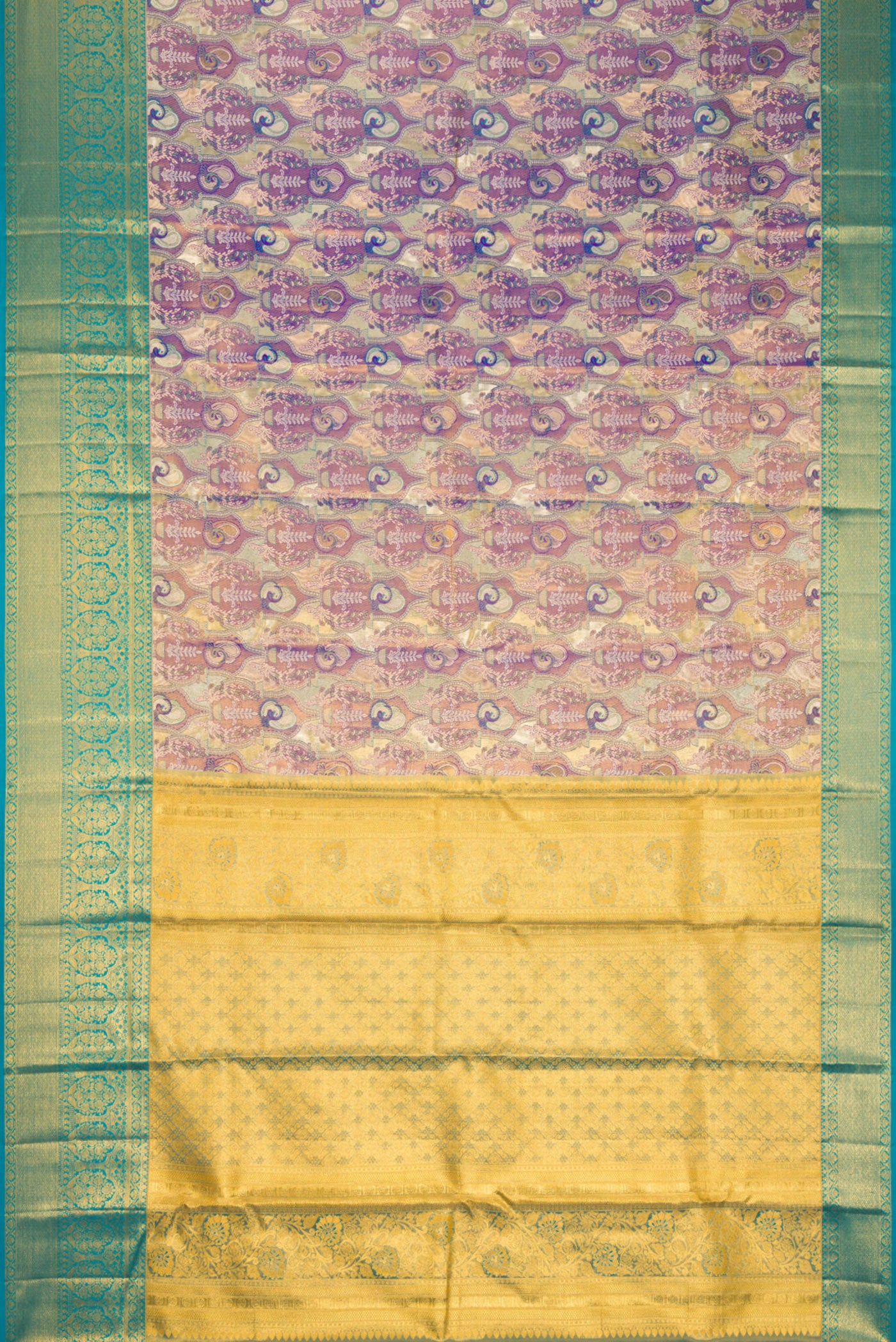 Flat view of Purple Dual Tone Kanjivaram Tissue Silk Saree with Zari Brocade on the body and Zari Border. 