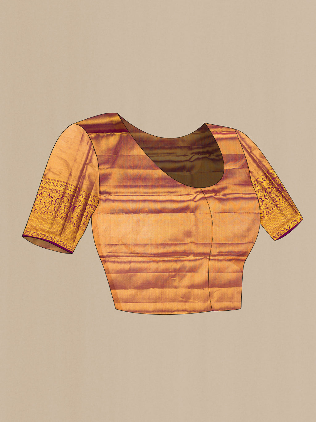 Close up image of the blouse of Mustard Dual Tone Kanjivaram Tissue Silk Saree with Zari Brocade on the body and Zari Border. 