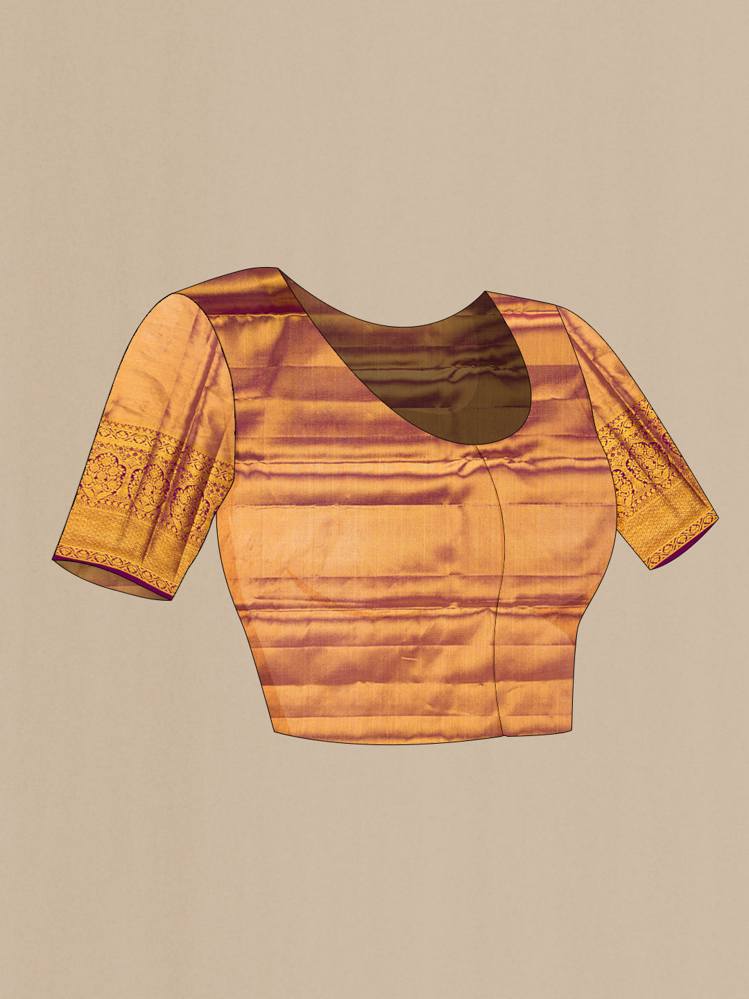 Close up image of the blouse of Mustard Dual Tone Kanjivaram Tissue Silk Saree with Zari Brocade on the body and Zari Border. 