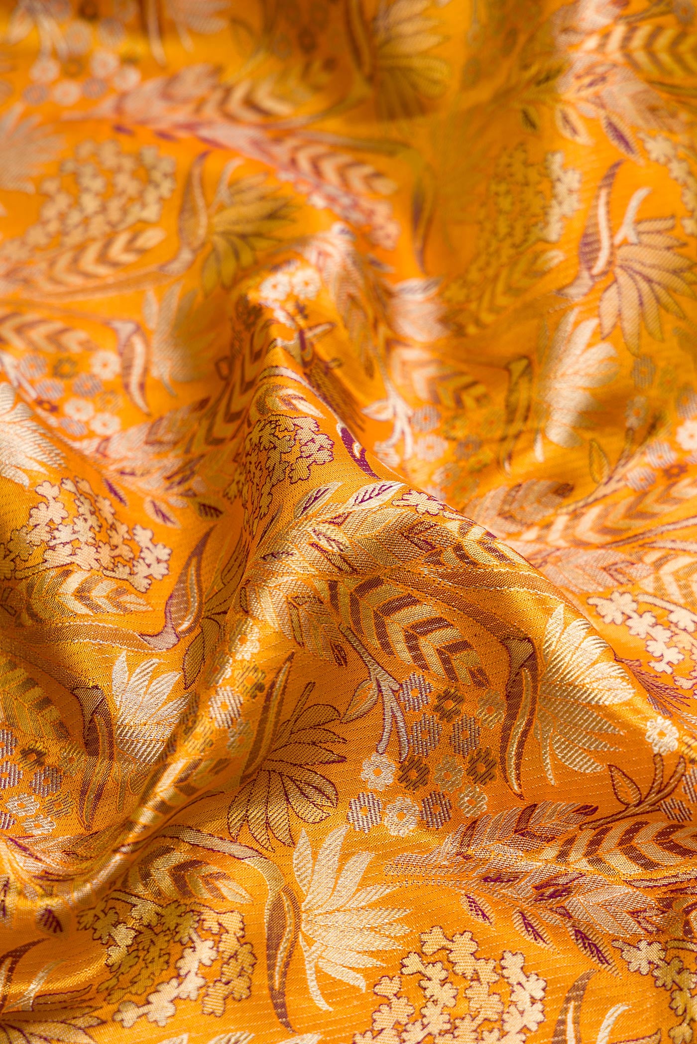 Close up of Mustard Dual Tone Kanjivaram Tissue Silk Saree with Zari Brocade on the body and Zari Border.  displaying folds