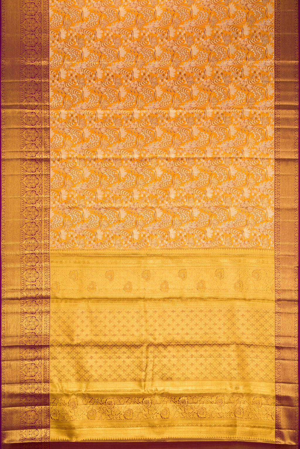 Flat view of Mustard Dual Tone Kanjivaram Tissue Silk Saree with Zari Brocade on the body and Zari Border. 