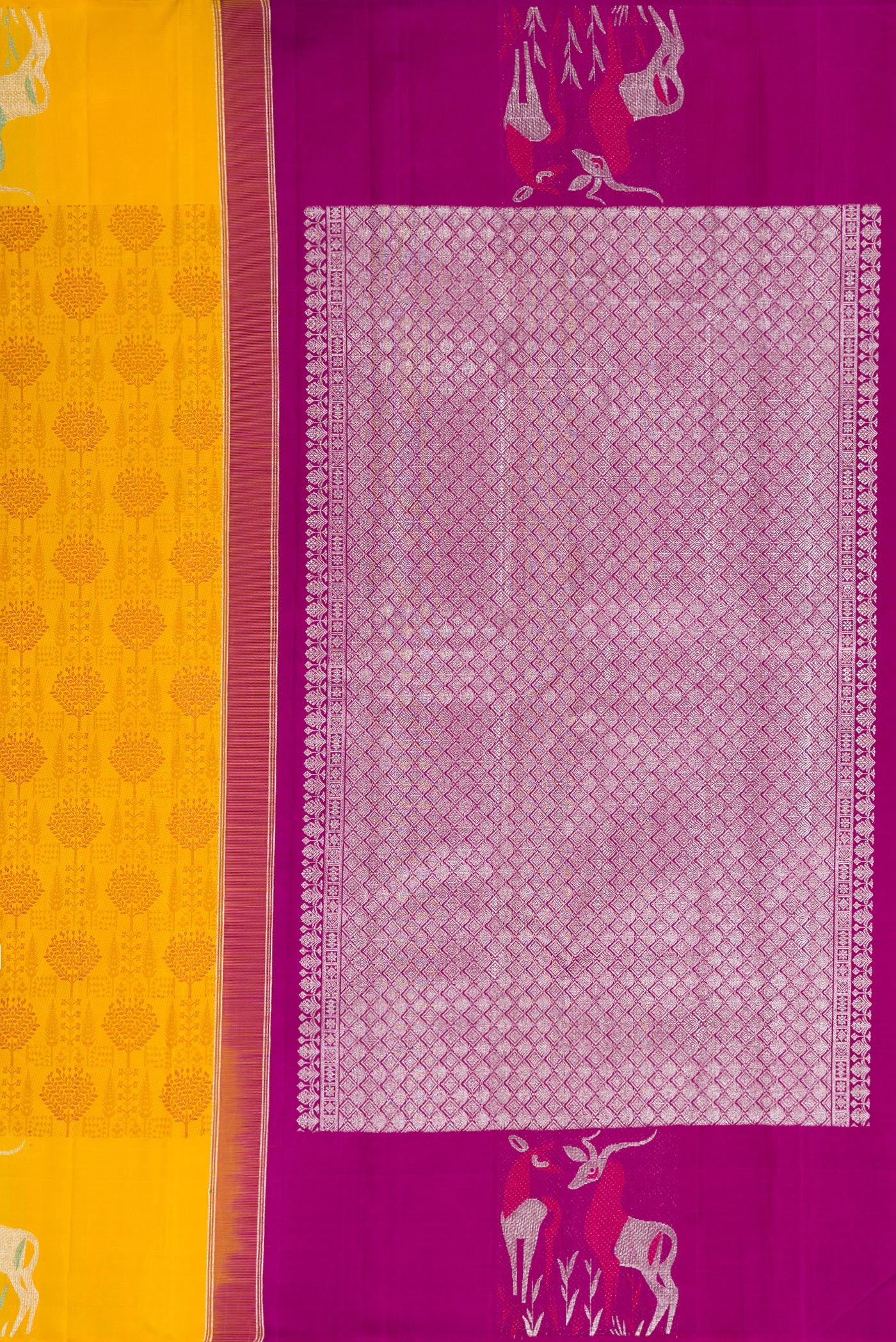Close up image of the pallu of Yellow Dual Tone Kanjivaram Silk Saree with Jacquard design on the body and Fancy Border. 