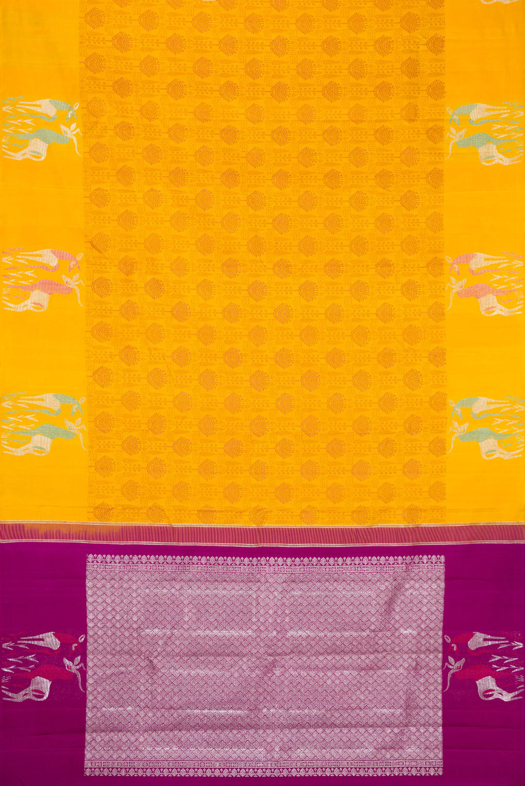 Flat view of Yellow Dual Tone Kanjivaram Silk Saree with Jacquard design on the body and Fancy Border. 