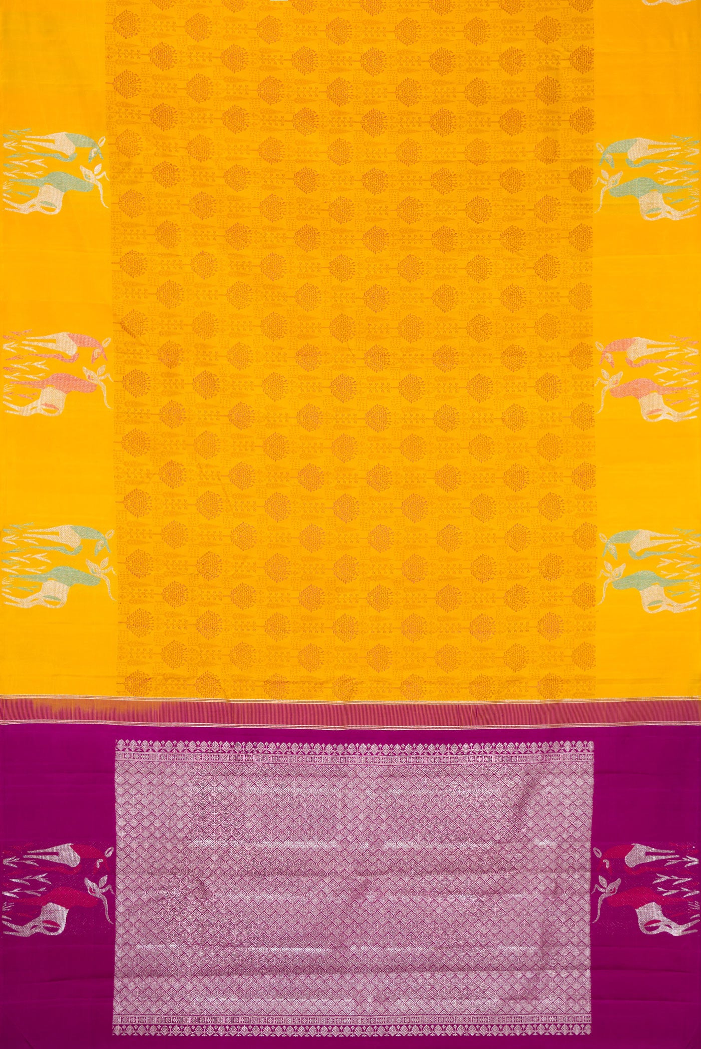 Flat view of Yellow Dual Tone Kanjivaram Silk Saree with Jacquard design on the body and Fancy Border. 