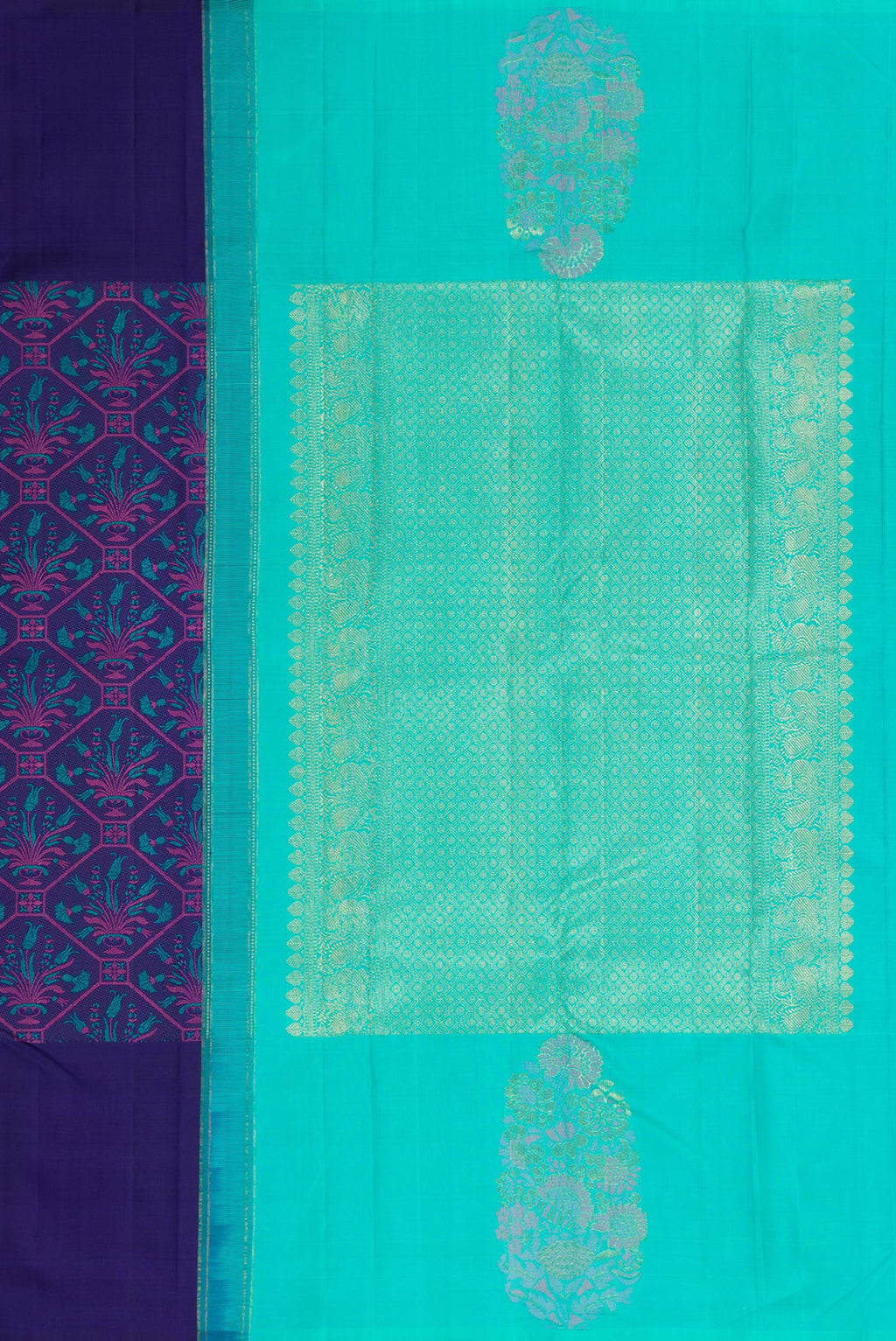 Close up image of the pallu of Navy Blue Kanchipuram Silk Saree with Jacquard design on the body and Fancy Border. 
