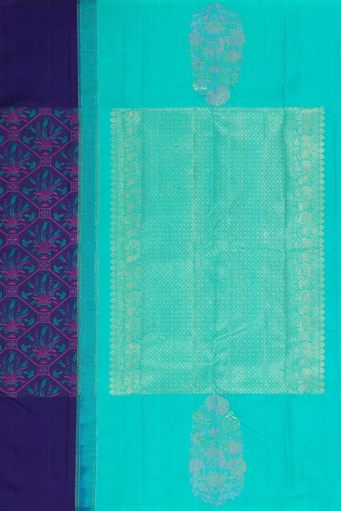 Close up image of the pallu of Navy Blue Kanchipuram Silk Saree with Jacquard design on the body and Fancy Border. 