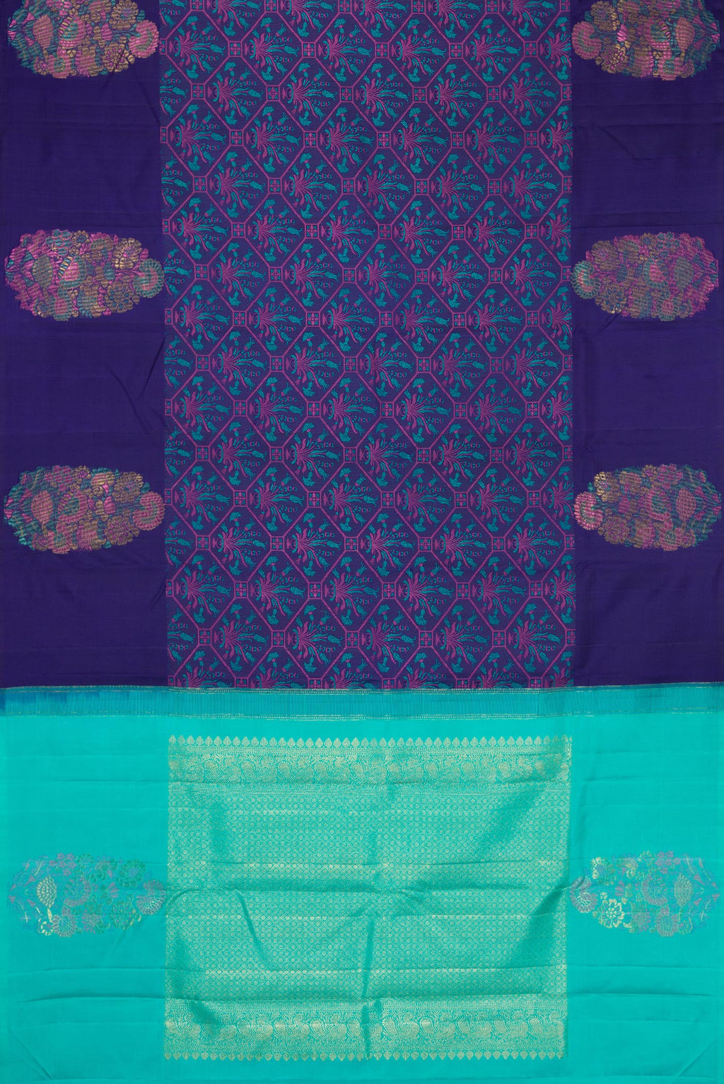 Flat view of Navy Blue Kanchipuram Silk Saree with Jacquard design on the body and Fancy Border. 