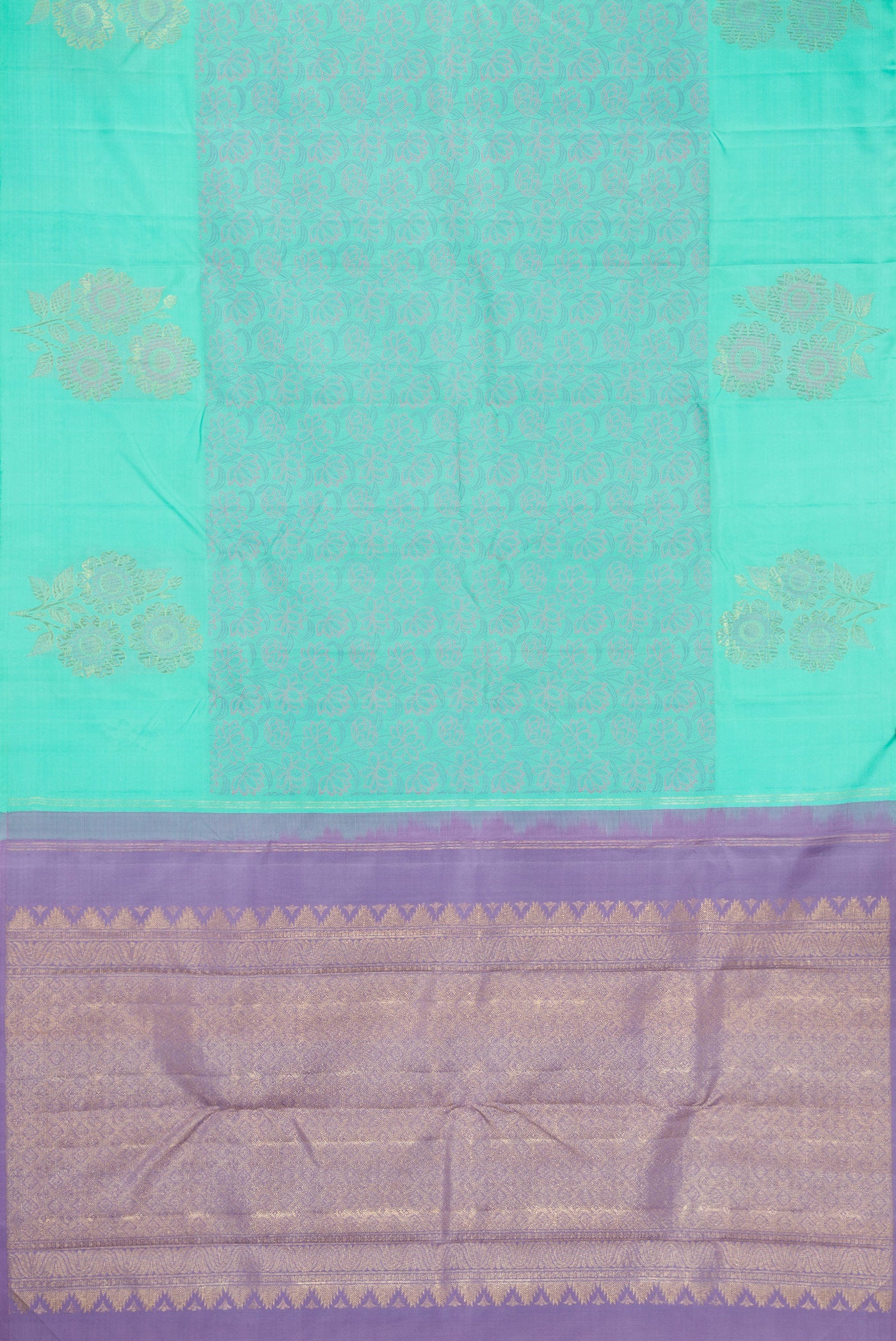 Flat view of Sea Green Dual Tone Kanchipuram Silk Saree with Jacquard design on the body and Fancy Border. 