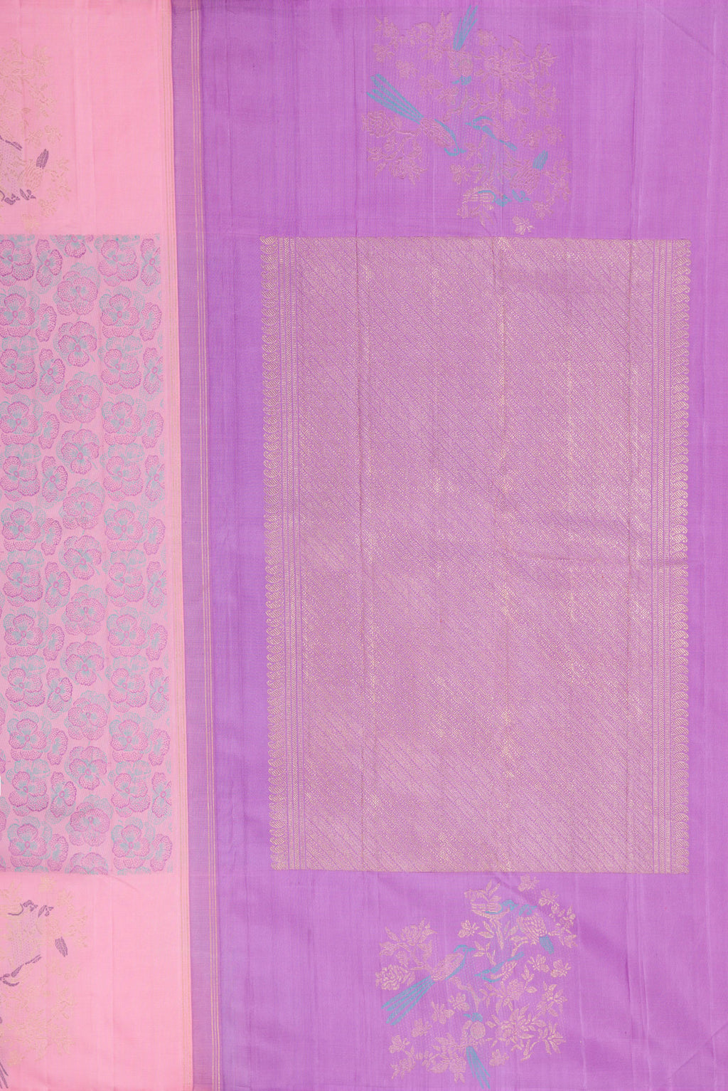 Close up image of the pallu of Pink Dual Tone Kanchipuram Silk Saree with Jacquard design on the body and Fancy Border. 