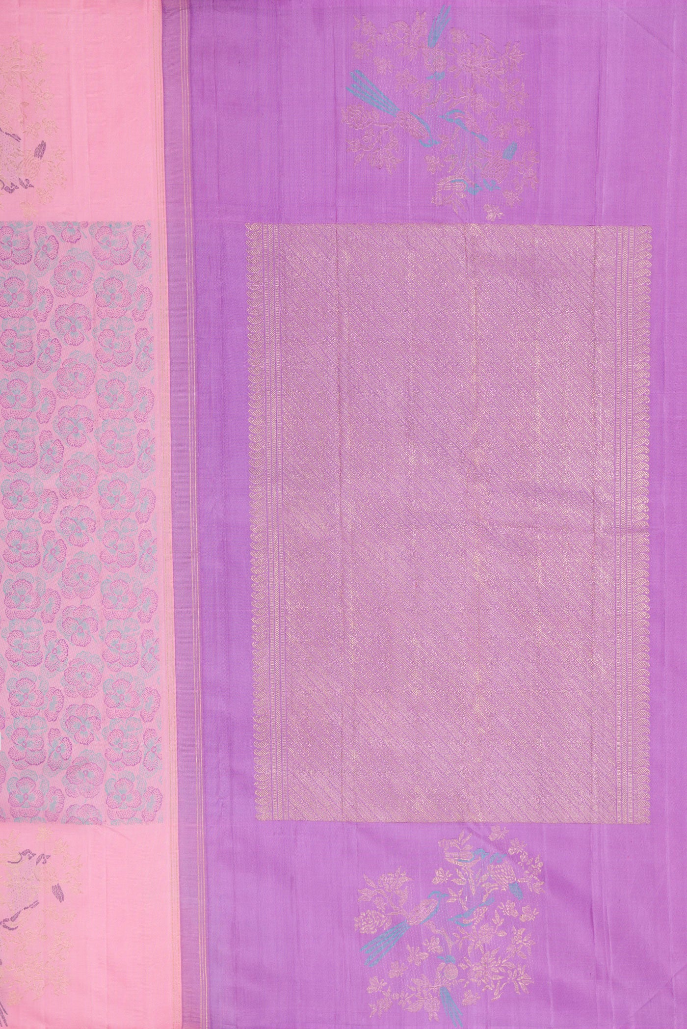 Close up image of the pallu of Pink Dual Tone Kanchipuram Silk Saree with Jacquard design on the body and Fancy Border. 