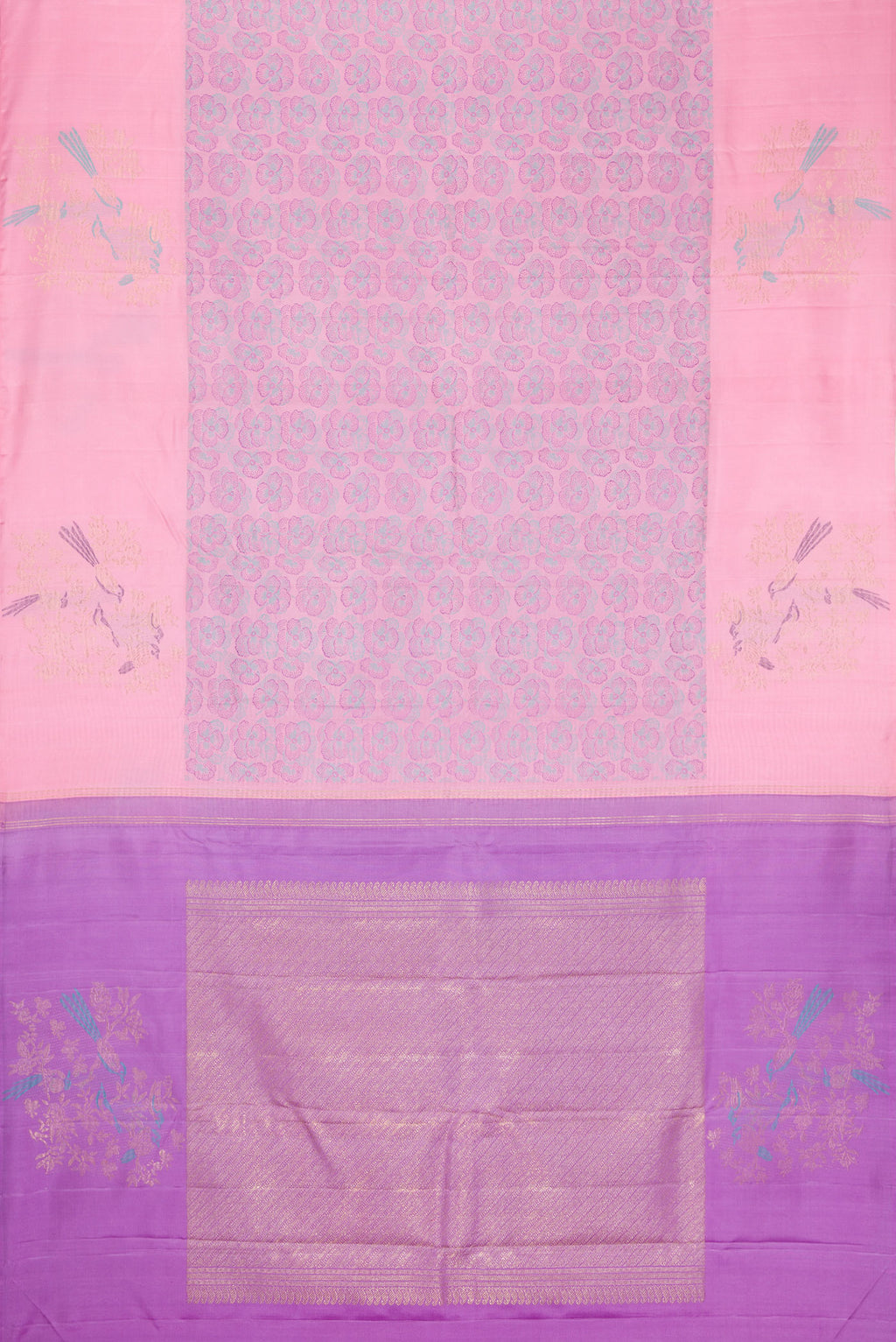 Flat view of Pink Dual Tone Kanchipuram Silk Saree with Jacquard design on the body and Fancy Border. 