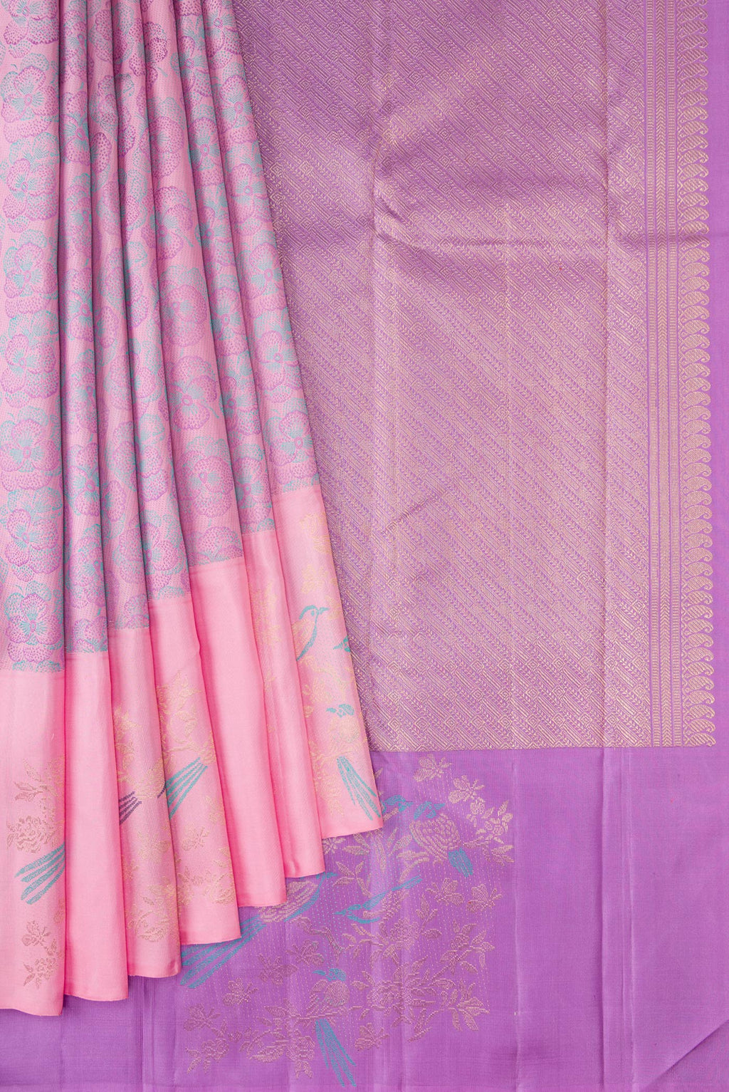 Pleats and pallu of Pink Dual Tone Kanchipuram Silk Saree with Jacquard design on the body and Fancy Border. 