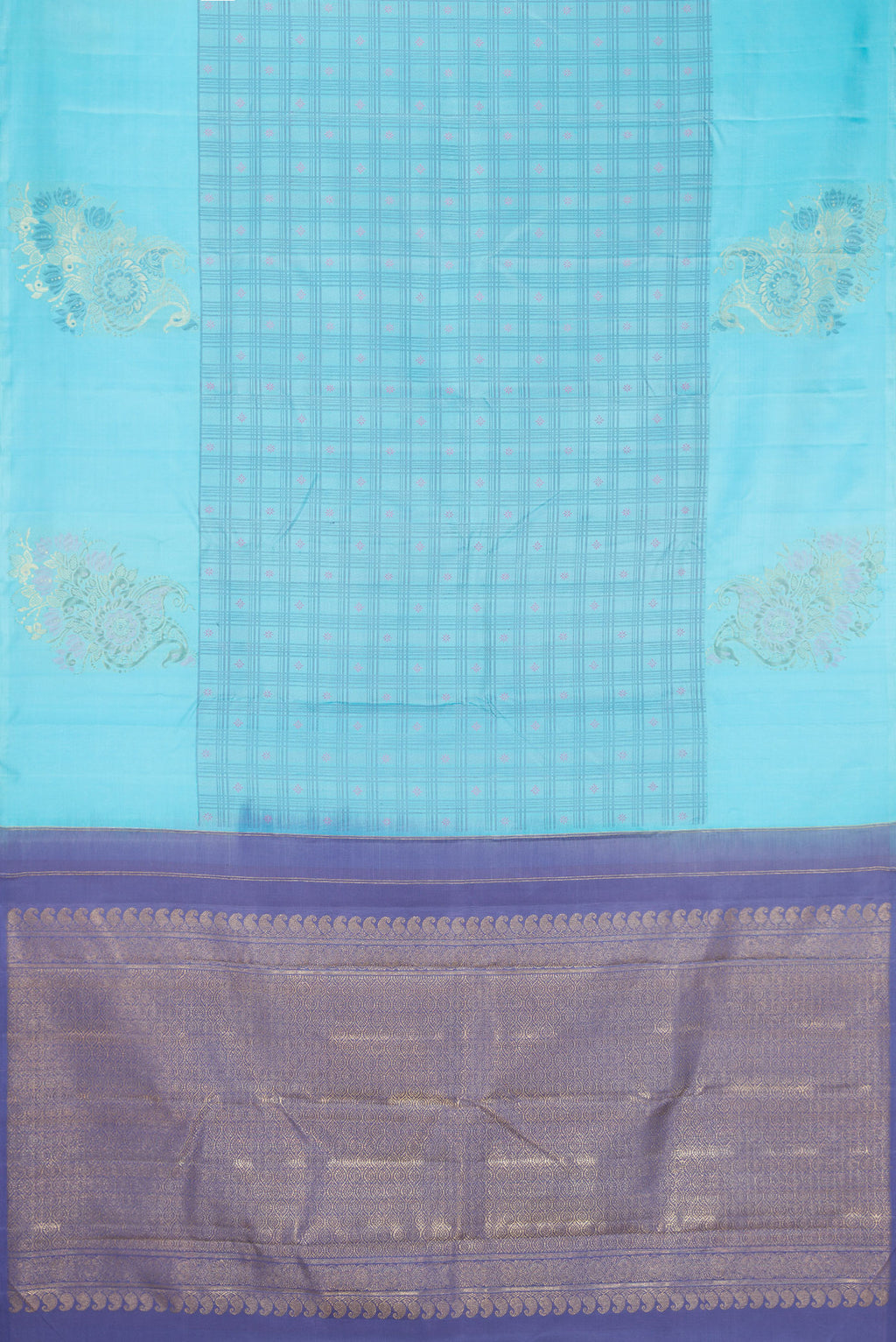 Flat view of Sky Blue Dual Tone Kanchipuram Silk Saree with Checked design on the body and Fancy Border. 