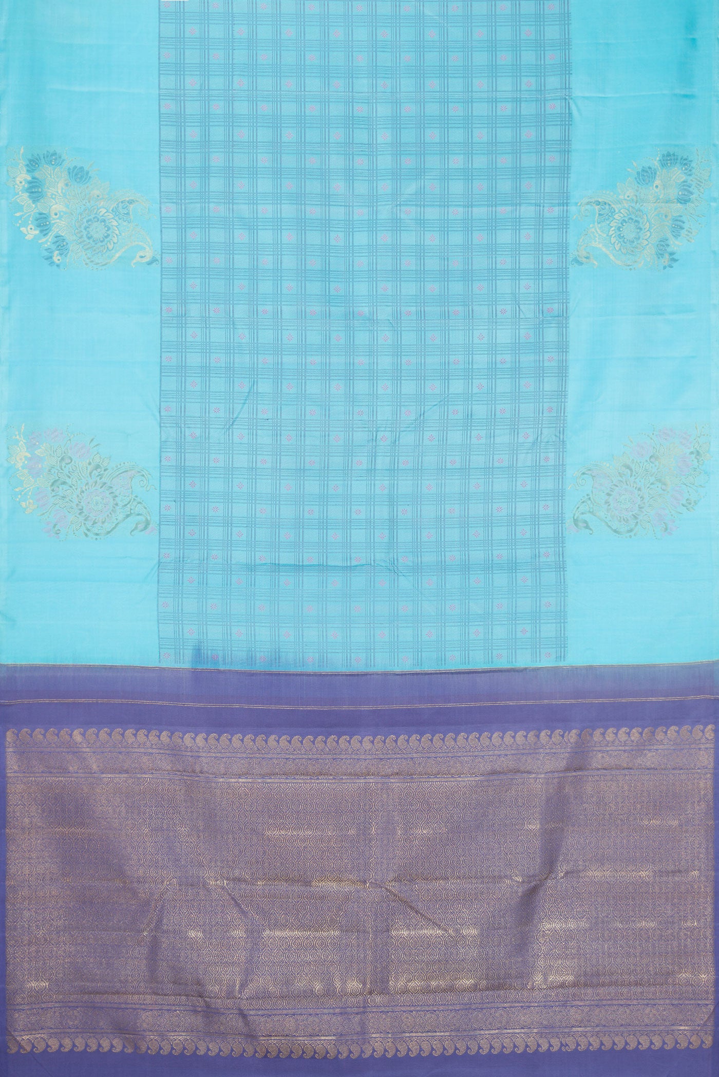 Flat view of Sky Blue Dual Tone Kanchipuram Silk Saree with Checked design on the body and Fancy Border. 