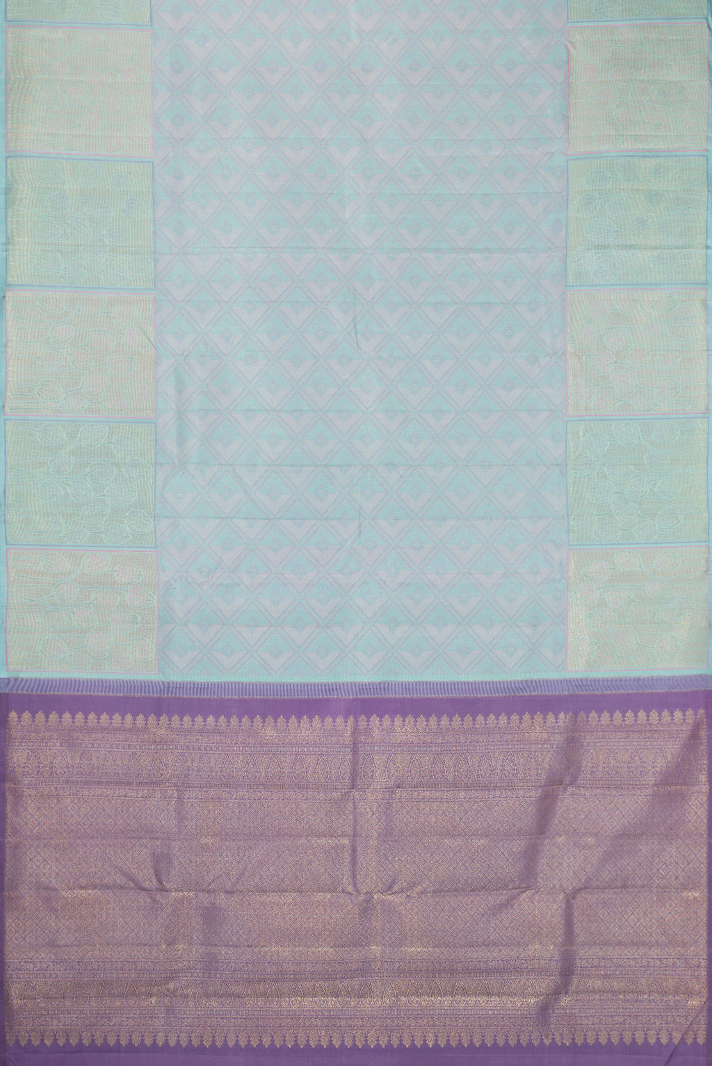 Flat view of Light Blue Dual Tone Kanchipuram Silk Saree with Jacquard design on the body and Fancy Border. 