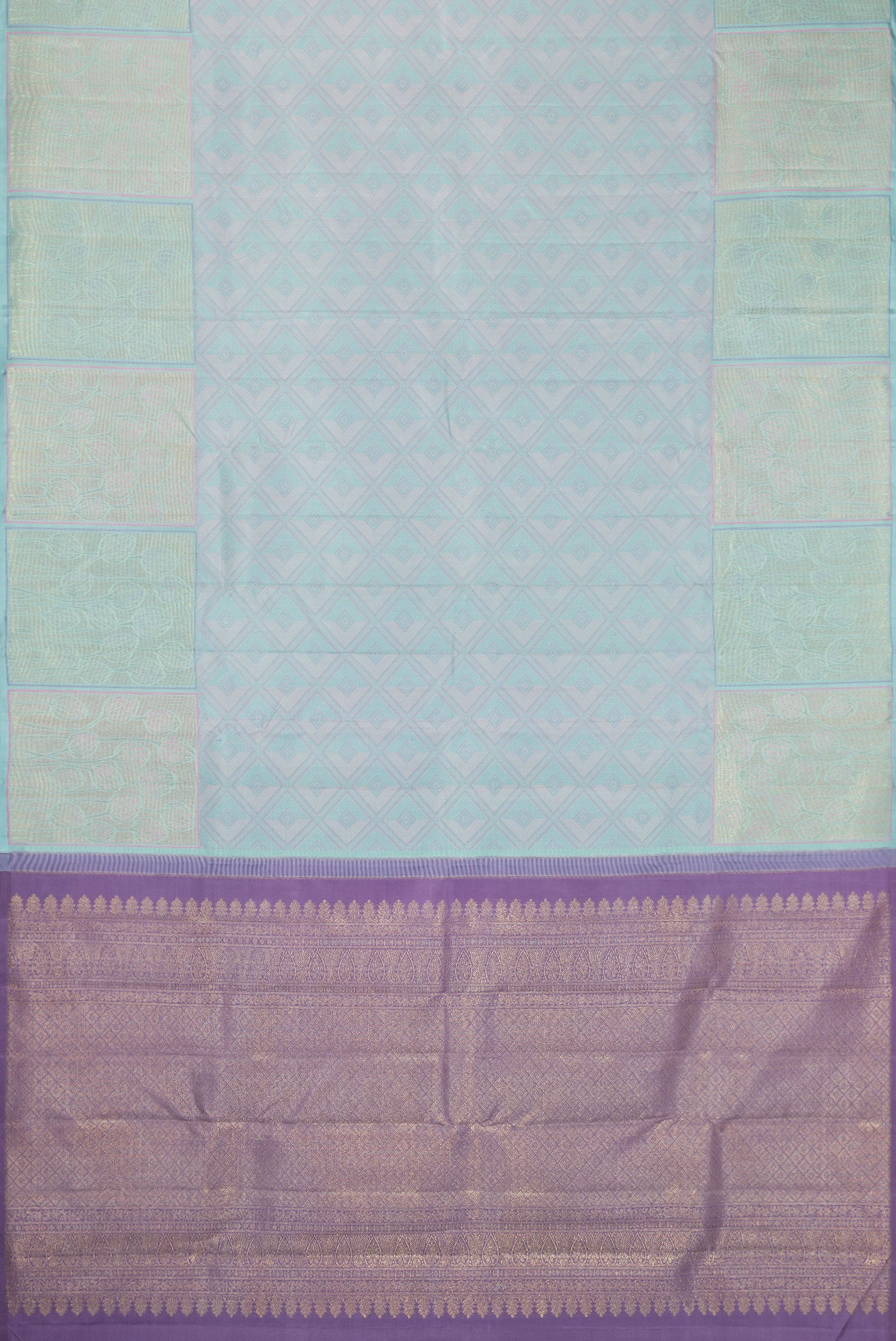 Flat view of Light Blue Dual Tone Kanchipuram Silk Saree with Jacquard design on the body and Fancy Border. 