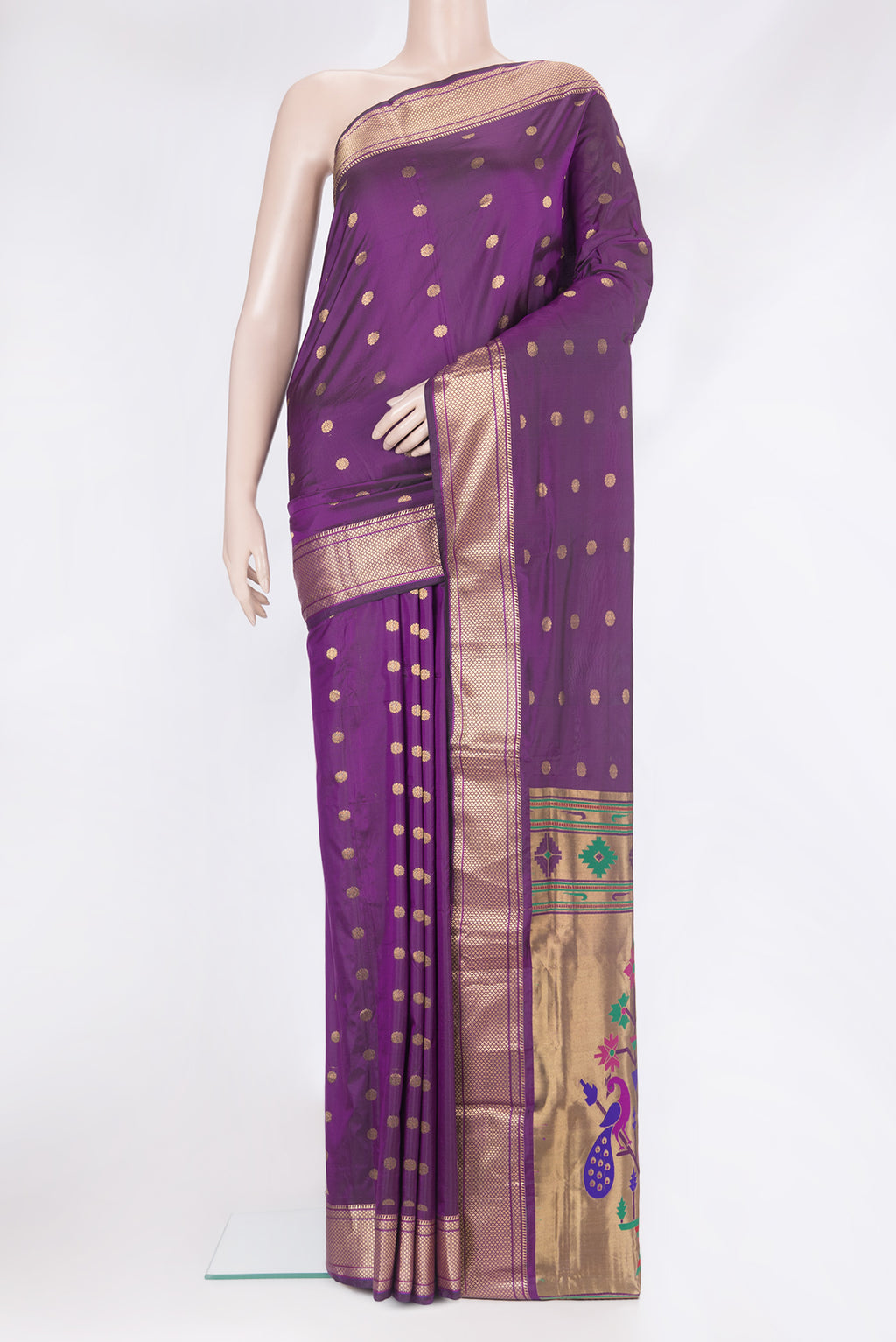 Violet Paithani Silk Saree with Zari Butta on the body and Zari Border.  displayed on a mannequin