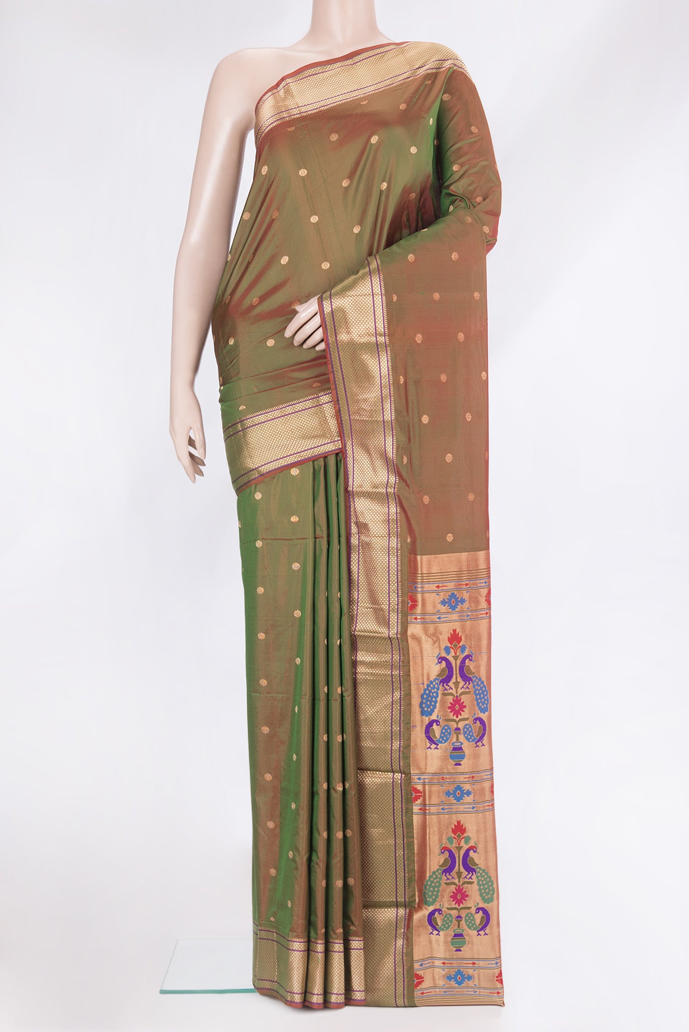 Mehandi Green Dual Tone Paithani Silk Saree with Zari Butta on the body and Zari Border.  displayed on a mannequin