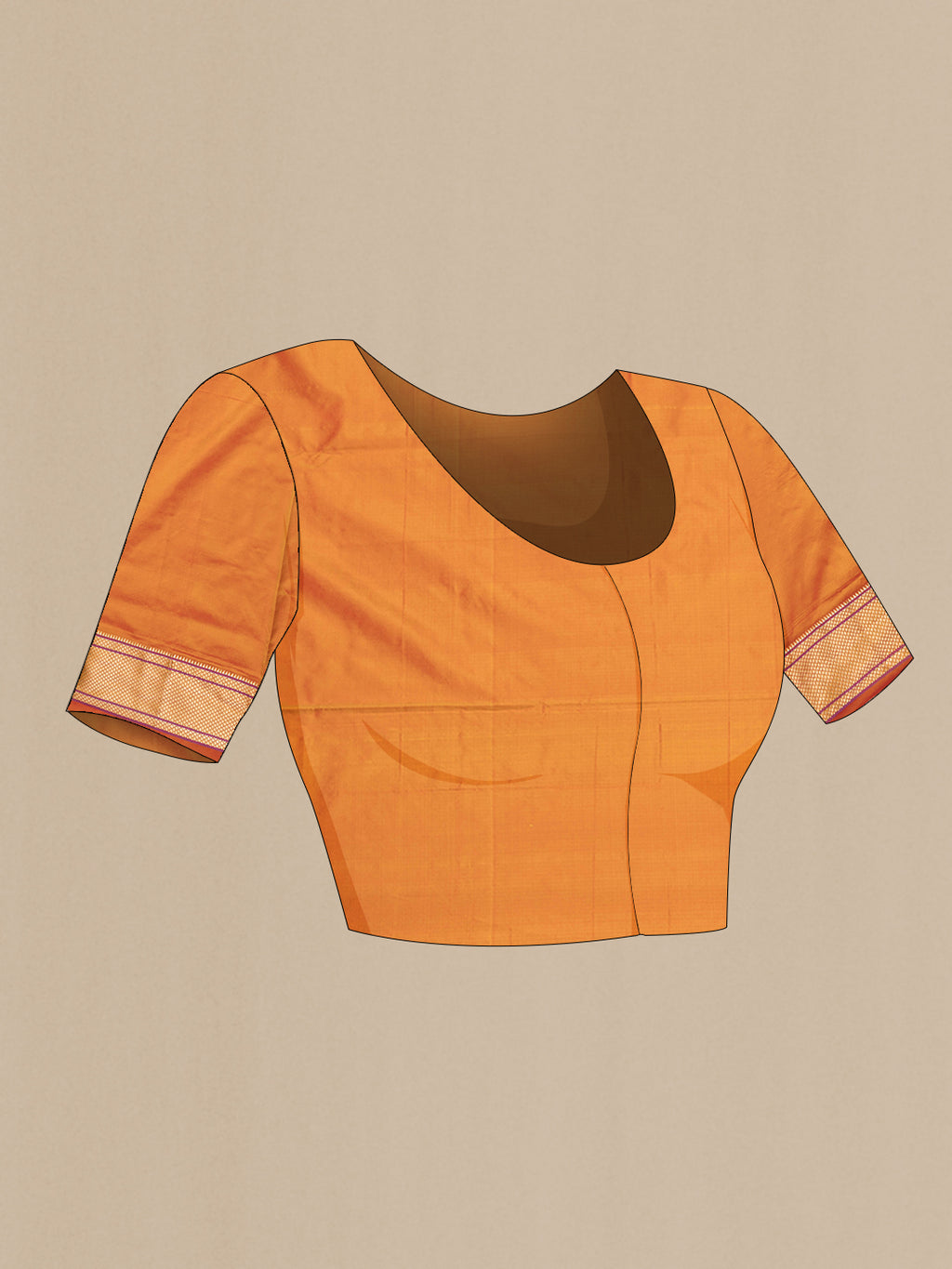 Close up image of the blouse of Orange Paithani Silk Saree with Zari Butta on the body and Zari Border. 