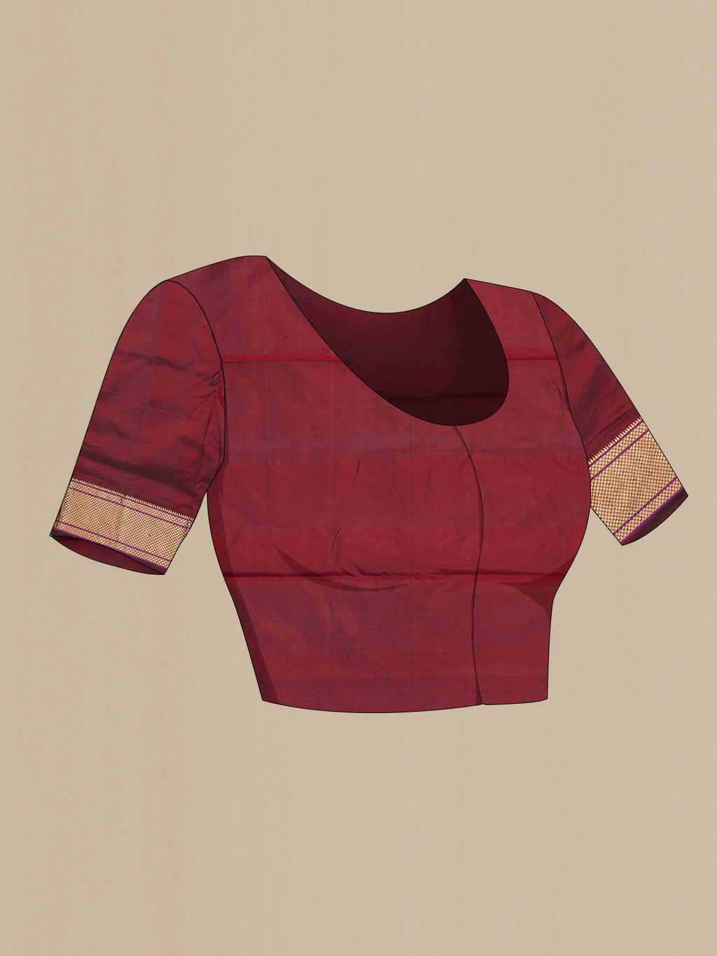 Close up image of the blouse of Maroon Blended Paithani Silk Saree with Zari Butta on the body and Zari Border. 