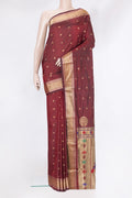Maroon Blended Paithani Silk Saree with Zari Butta on the body and Zari Border.  displayed on a mannequin