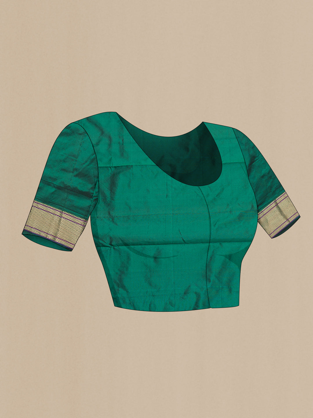 Close up image of the blouse of Bottle Green Blended Paithani Silk Saree with Zari Butta on the body and Zari Border. 