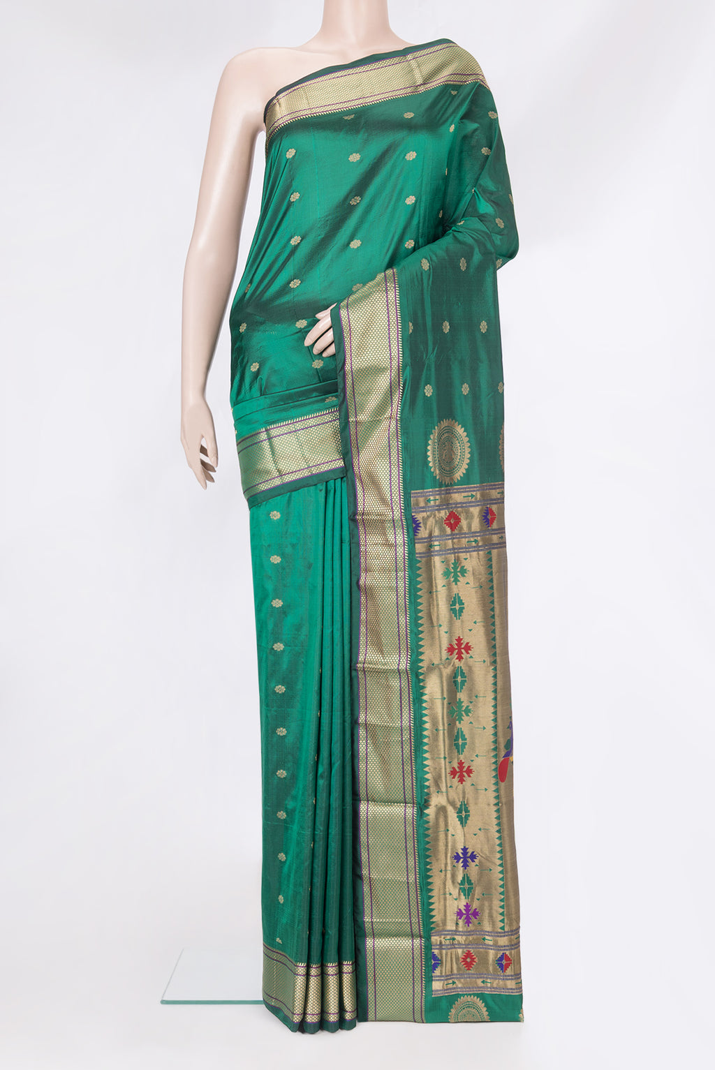 Bottle Green Blended Paithani Silk Saree with Zari Butta on the body and Zari Border.  displayed on a mannequin