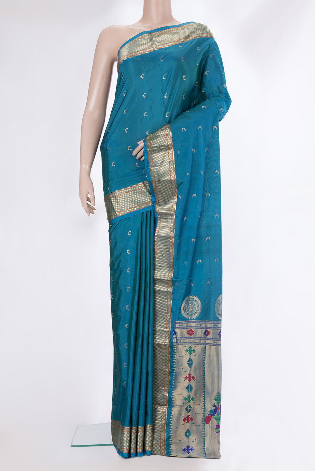 Blue Dual Tone Blended Paithani Silk Saree with Zari Butta on the body and Zari Border.  displayed on a mannequin
