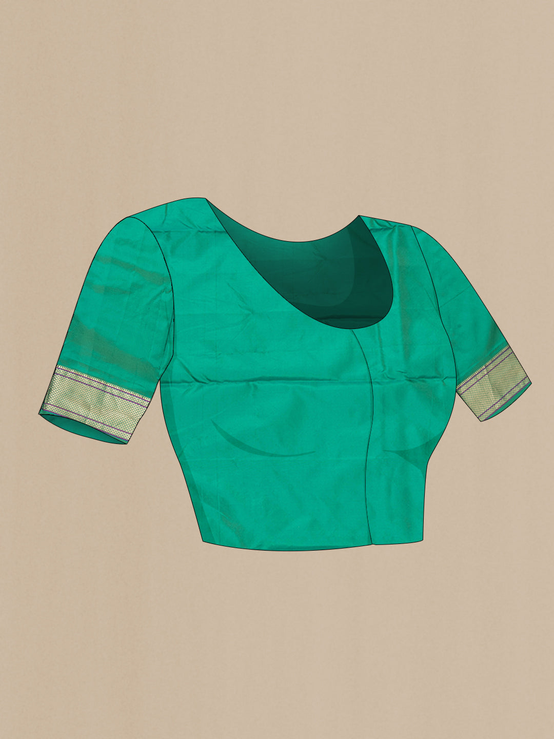 Close up image of the blouse of Green Blended Paithani Silk Saree with Zari Butta on the body and Zari Border. 