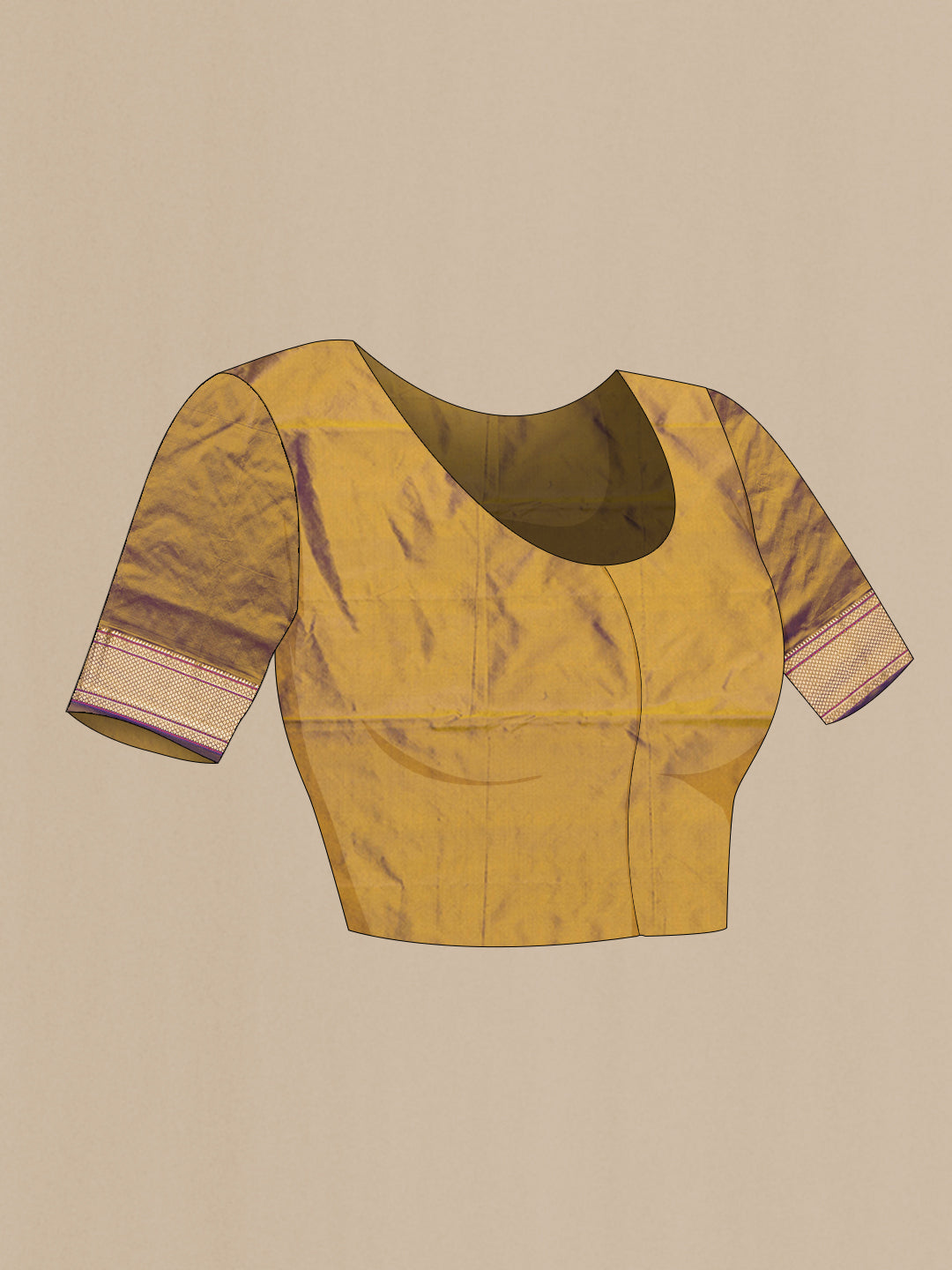 Close up image of the blouse of Gold Dual Tone Blended Paithani Silk Saree with Zari Butta on the body and Zari Border. 
