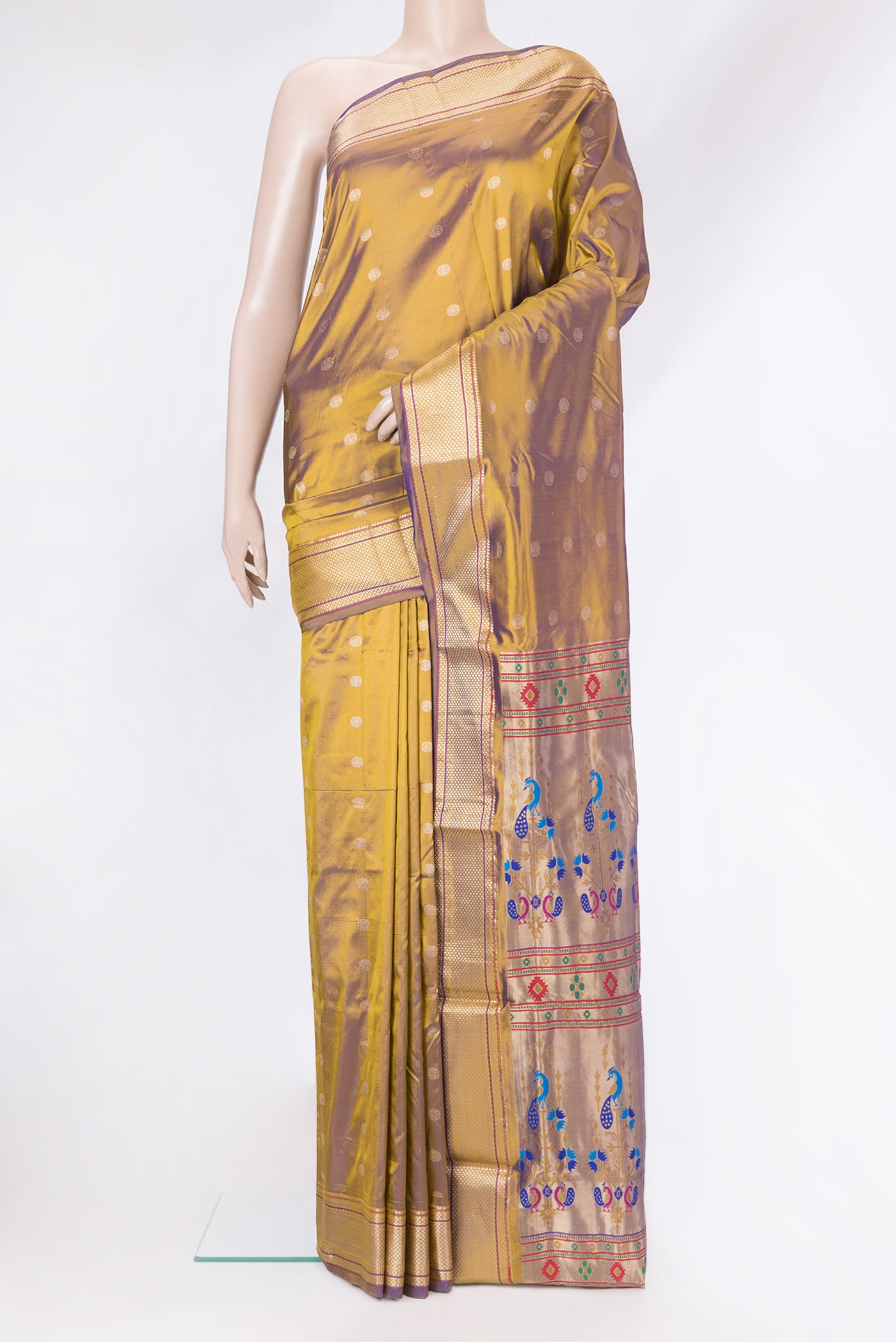 Gold Dual Tone Blended Paithani Silk Saree with Zari Butta on the body and Zari Border.  displayed on a mannequin