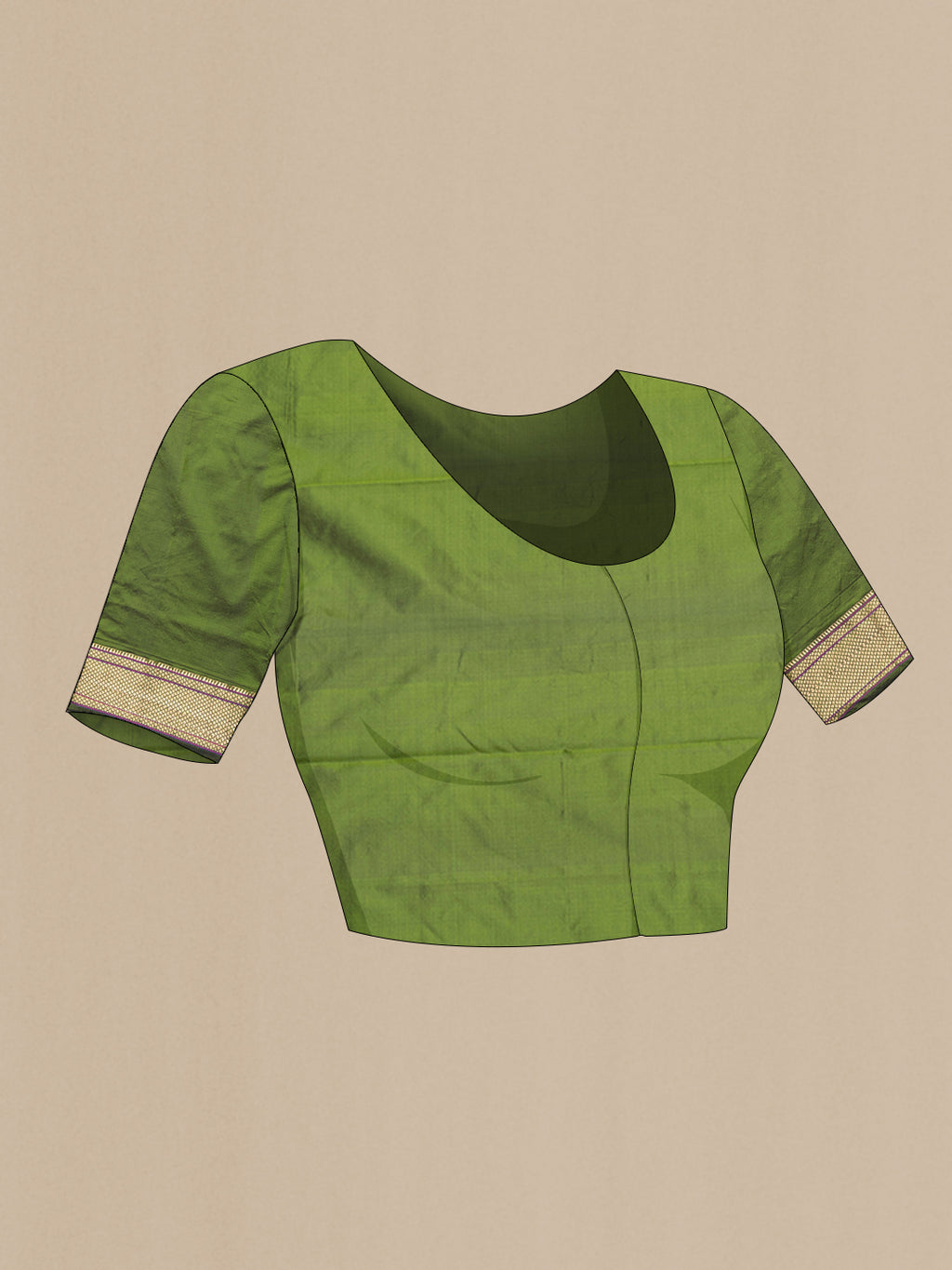 Close up image of the blouse of Mehandi Green Blended Paithani Silk Saree with Zari Butta on the body and Zari Border. 